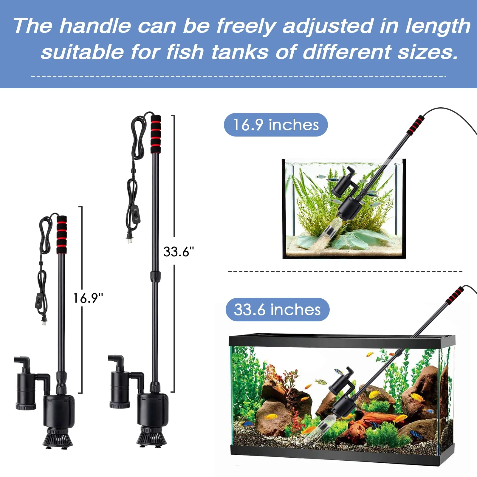 AQQA Electric Aquarium Gravel Cleaner, 6 in 1 Automatic Fish Tank Cleaning Tools Gravel Vacuum for Aquarium, Suitable for Change Water Wash Sand Water Filter and Water Circulation (320GPH, 20W) - Image 8