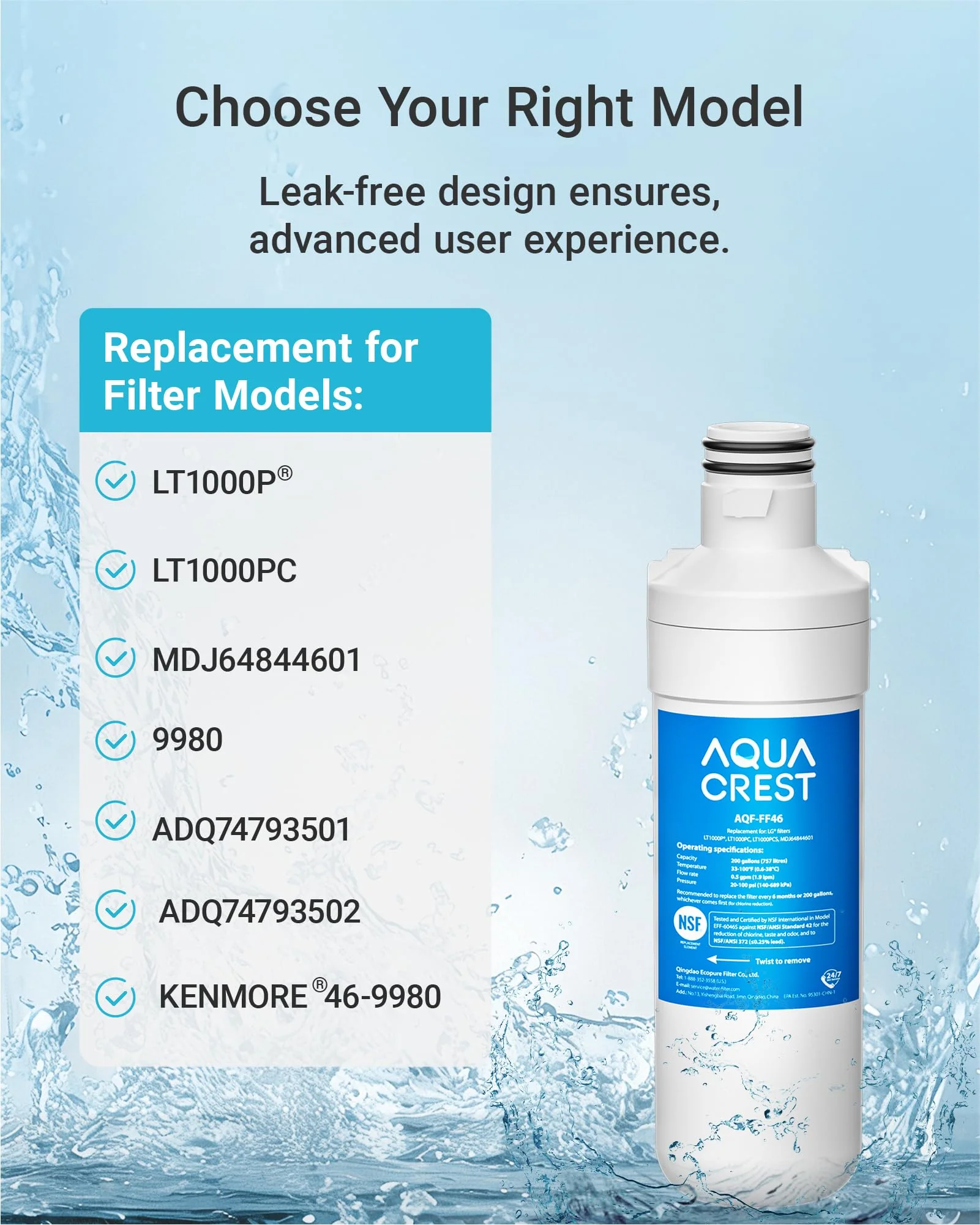 AQUA CREST LT1000PC ADQ747935 Replacement for LG® LT1000P®/PC/PCS ThinQ® Refrigerator Water Filter, LMXS28626S, LFXS26973S, MDJ64844601, ADQ74793501, ADQ74793502 and LT120F® Air Filter, 3 Combo - Image 3