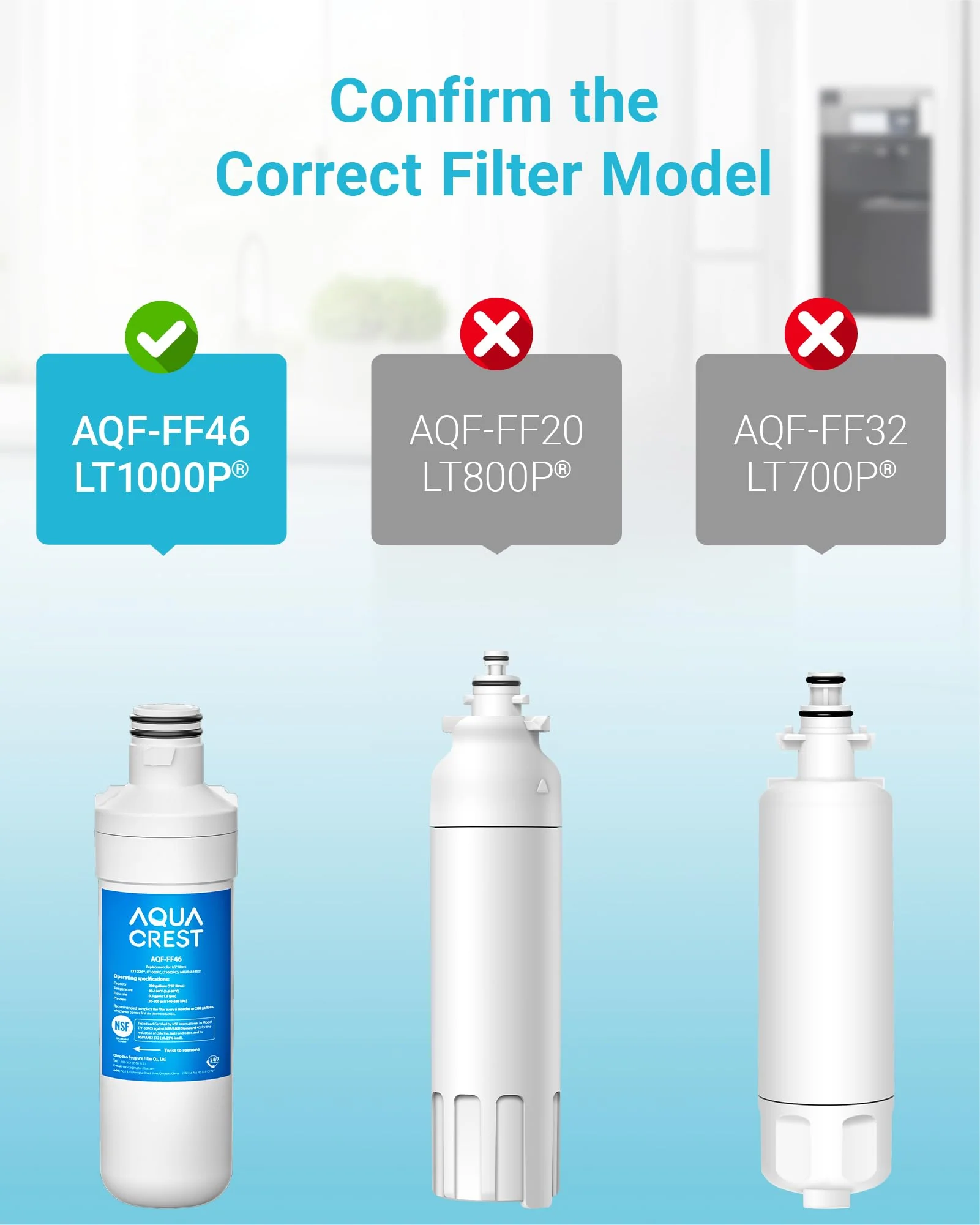 AQUA CREST LT1000PC ADQ747935 Replacement for LG® LT1000P®/PC/PCS ThinQ® Refrigerator Water Filter, LMXS28626S, LFXS26973S, MDJ64844601, ADQ74793501, ADQ74793502 and LT120F® Air Filter, 3 Combo - Image 4