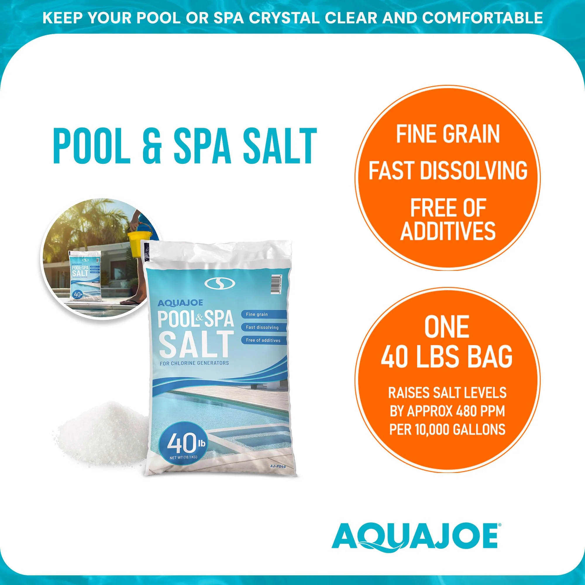 Aqua Joe 5 Pack 40 Lb Fast Dissolving Pool Spa Salt Chlorine Generators, AJ-PS40 - Image 7