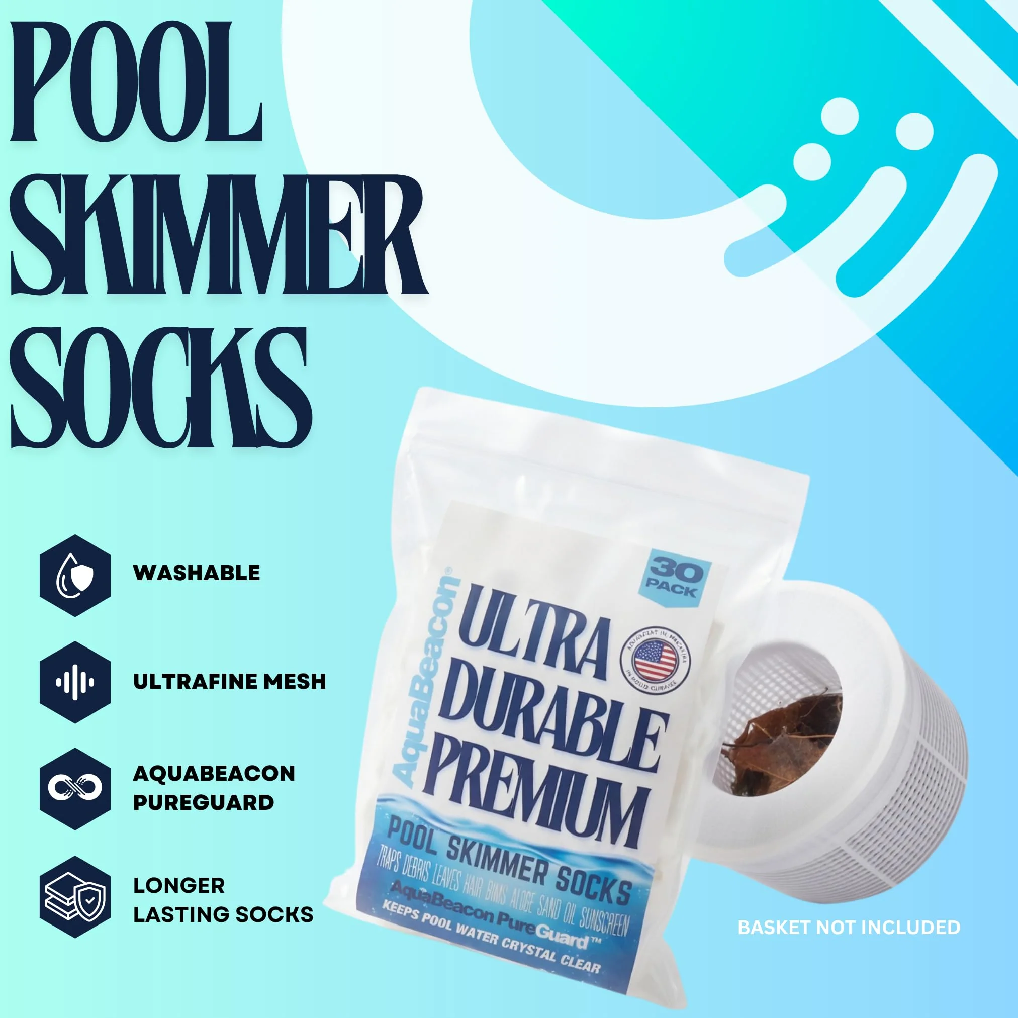 Aquabeacon® Premium 30-Pack Original Longer Lasting Pool Skimmer Socks with Aquabeacon PureGuard, Ultrafine Mesh Perfect Pool & Spa Savers for Filters, Baskets, and Skimmers - Image 6