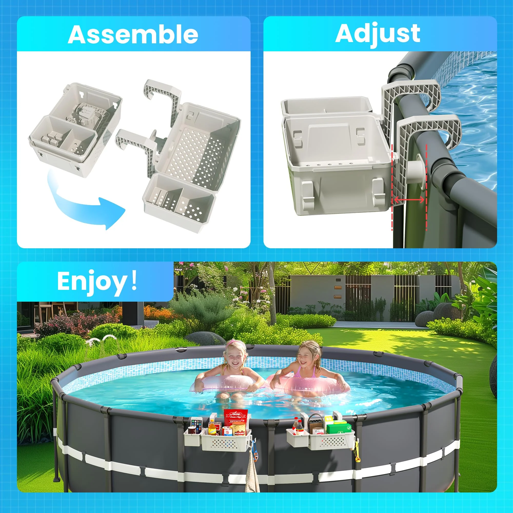 AquaJoyer 2 Sets of Poolside Storage Baskets with Cup Holders - Perfect for 3-Inch or Smaller Top Rails - Above Ground Pool Accessories - Fit for Most Above Ground Pool（Grey） - Image 2