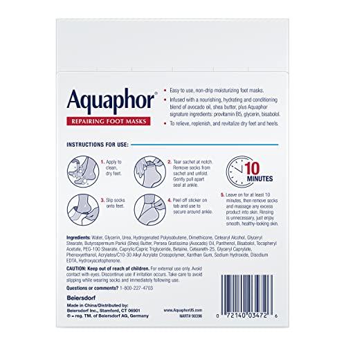 Aquaphor Repairing Foot Masks, Moisturizing Socks for Dry Feet, Hydrating Foot Care Treatment with Avocado Oil and Shea Butter, Pack of 6 - Image 2
