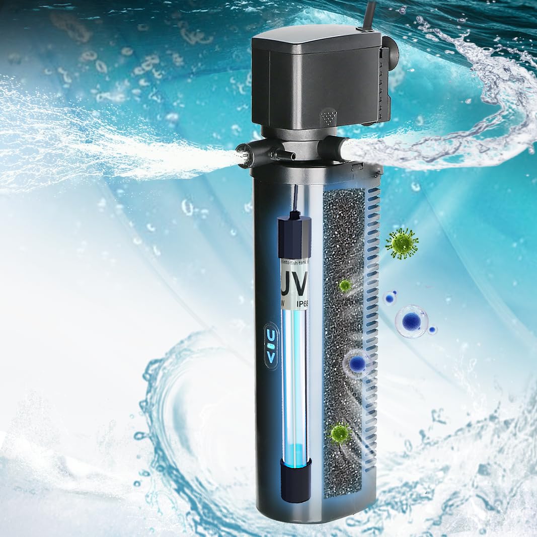 Aquarium Filter for 75-200 Gallon Tank, U-V Fish Tank Green Clean Machine Submersible Powerful Pump Canister Filter 300GPH for Pond Turtle Tank Saltwater Freshwater Crystal Clear Green Killing - Image 2