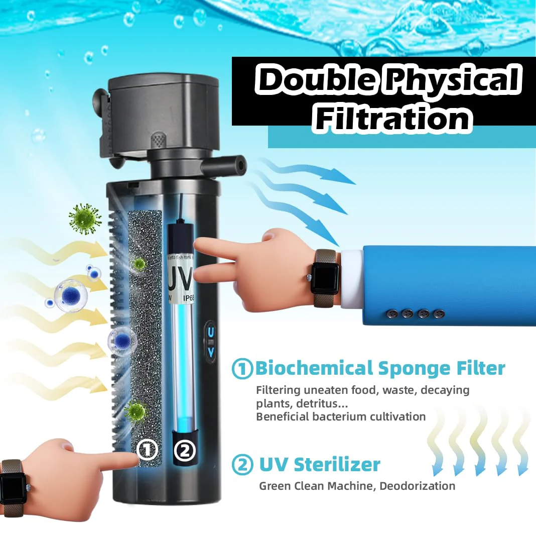 Aquarium Filter for 75-200 Gallon Tank, U-V Fish Tank Green Clean Machine Submersible Powerful Pump Canister Filter 300GPH for Pond Turtle Tank Saltwater Freshwater Crystal Clear Green Killing - Image 4