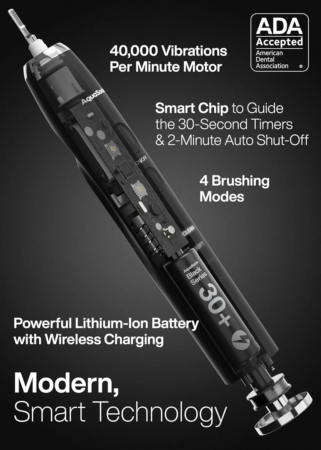 Aquasonic Black Series Ultra Whitening Toothbrush – ADA Accepted Electric Toothbrush- 8 Brush Heads & Travel Case – 40,000 VPM Electric Motor & Wireless Charging - 4 Modes w Smart Timer (Pack of 2) - Image 2
