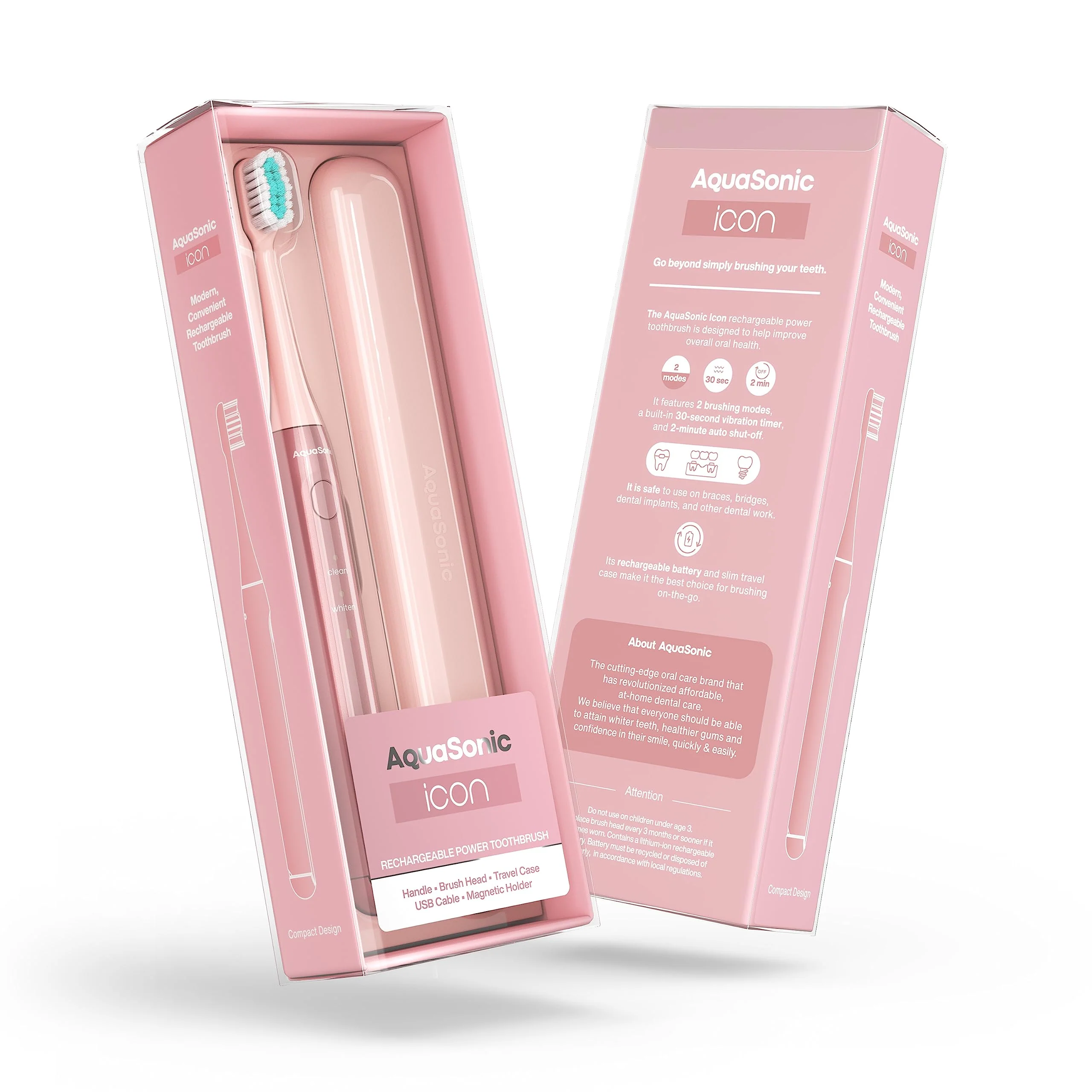 Aquasonic Icon ADA-Accepted Rechargeable Toothbrush | Magnetic Holder & Slim Travel Case | 2 Brushing Modes & Smart Timers | Gentle Micro-Vibrations (Pearl) - Image 6