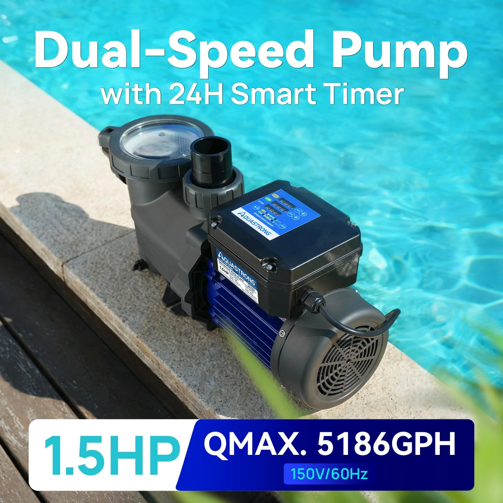 AQUASTRONG In/Above Ground Pool Pump, High Flow (Dual Speed with Timer, 1.5HP, 115V, 4975 GPH) - Image 8