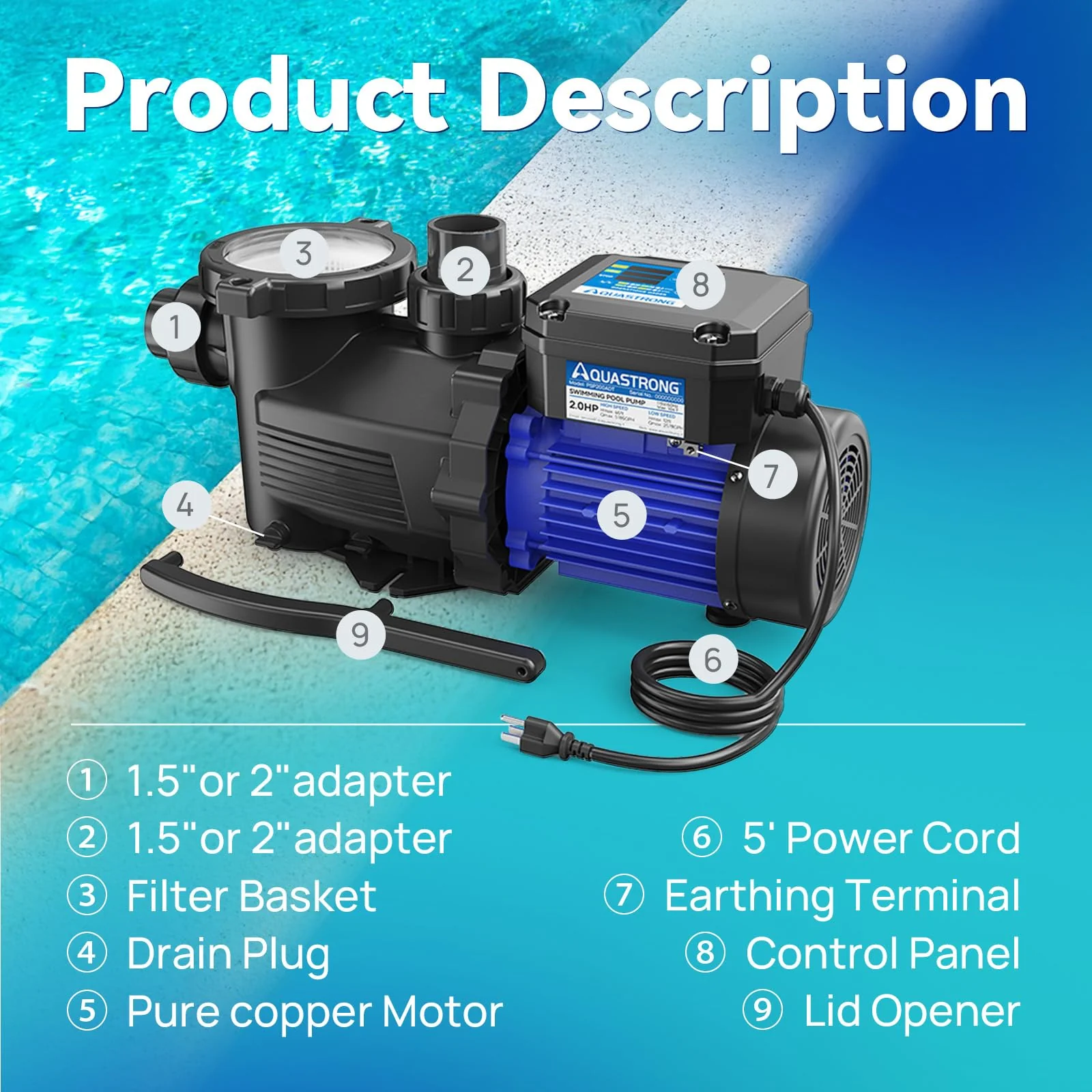 AQUASTRONG In/Above Ground Pool Pump, High Flow (Dual Speed with Timer, 2HP, 115V, 5186 GPH) - Image 3