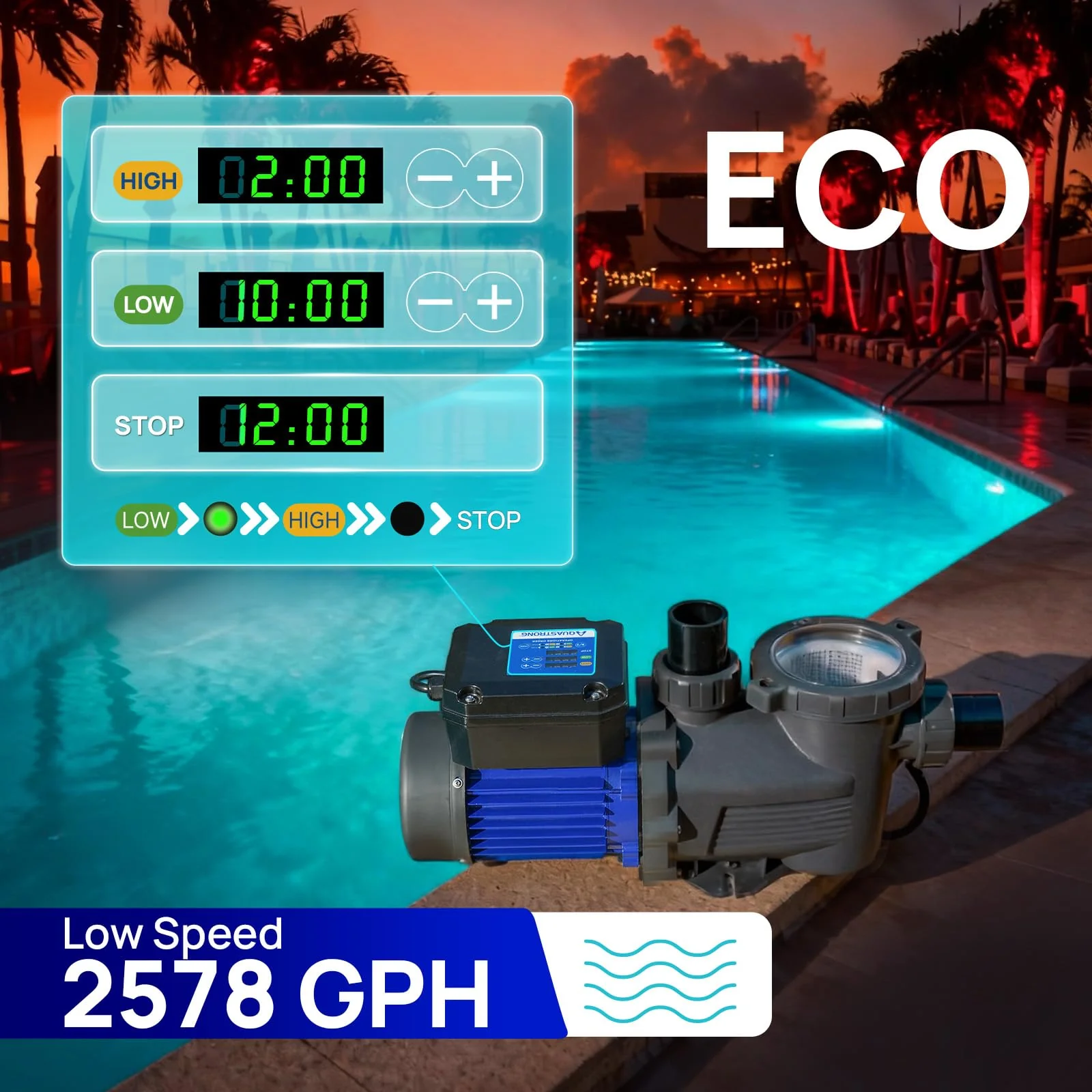 AQUASTRONG In/Above Ground Pool Pump, High Flow (Dual Speed with Timer, 2HP, 115V, 5186 GPH) - Image 6