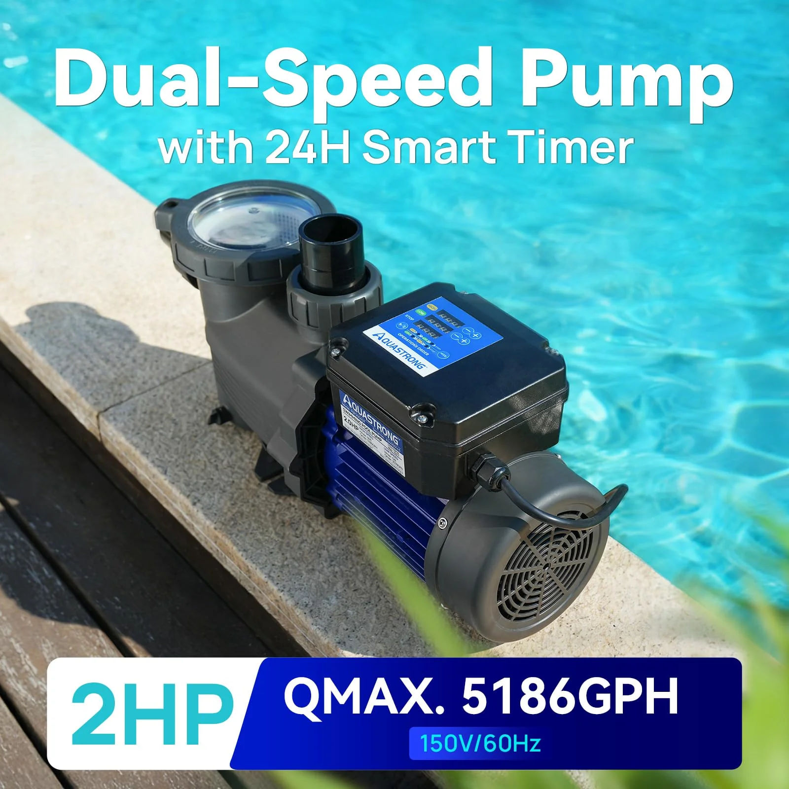 AQUASTRONG In/Above Ground Pool Pump, High Flow (Dual Speed with Timer, 2HP, 115V, 5186 GPH) - Image 8