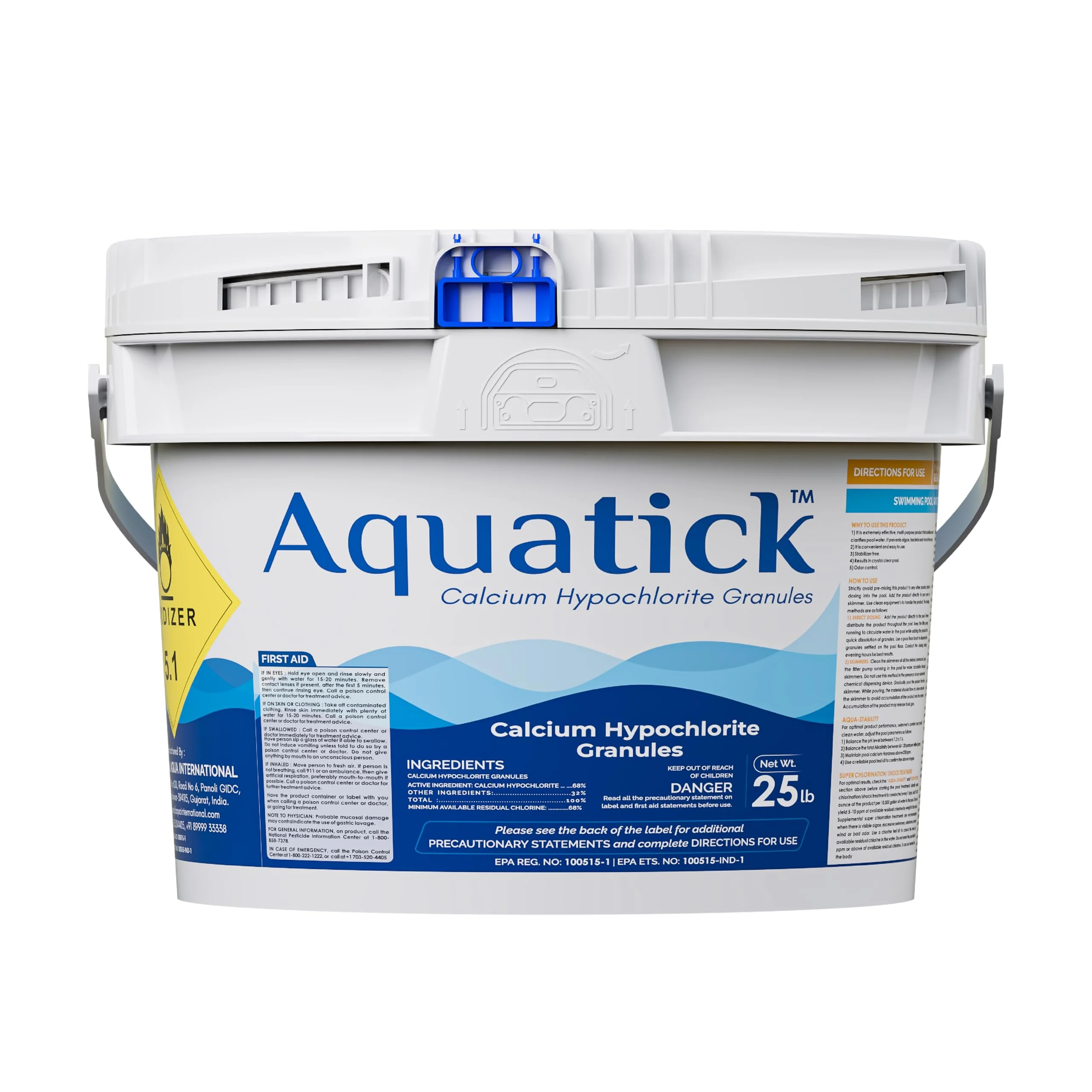 AquaTick 68% Calcium Hypochlorite Granules Pool Shock – 25 lb Bucket High Strength Non-Stabilized Chlorine for Swimming Pools and Spas