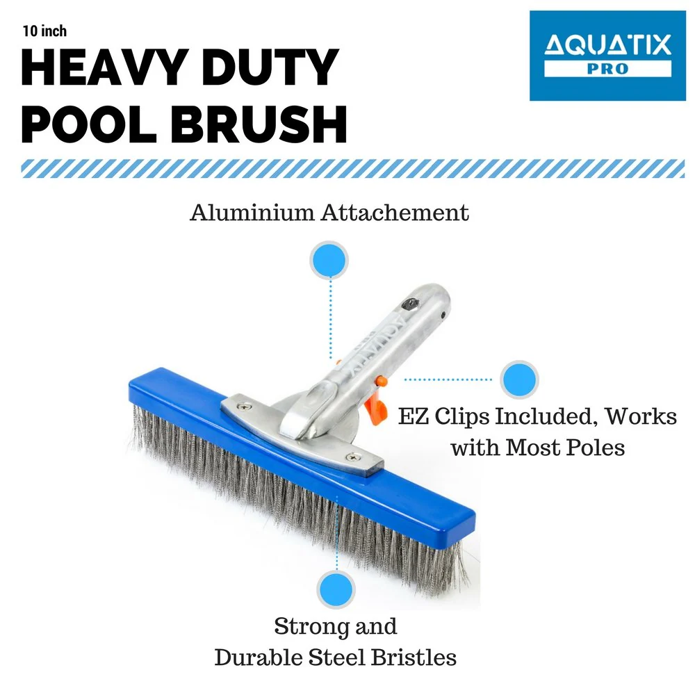 Aquatix Pro Heavy Duty Pool Brush, Durable 10" Swimming Pool Cleaner Brush Best for Tackling Stubborn Stains, Aluminium Handle & Stainless Steel Bristles, Suitable for Concrete & Gunite Pools. - Image 4
