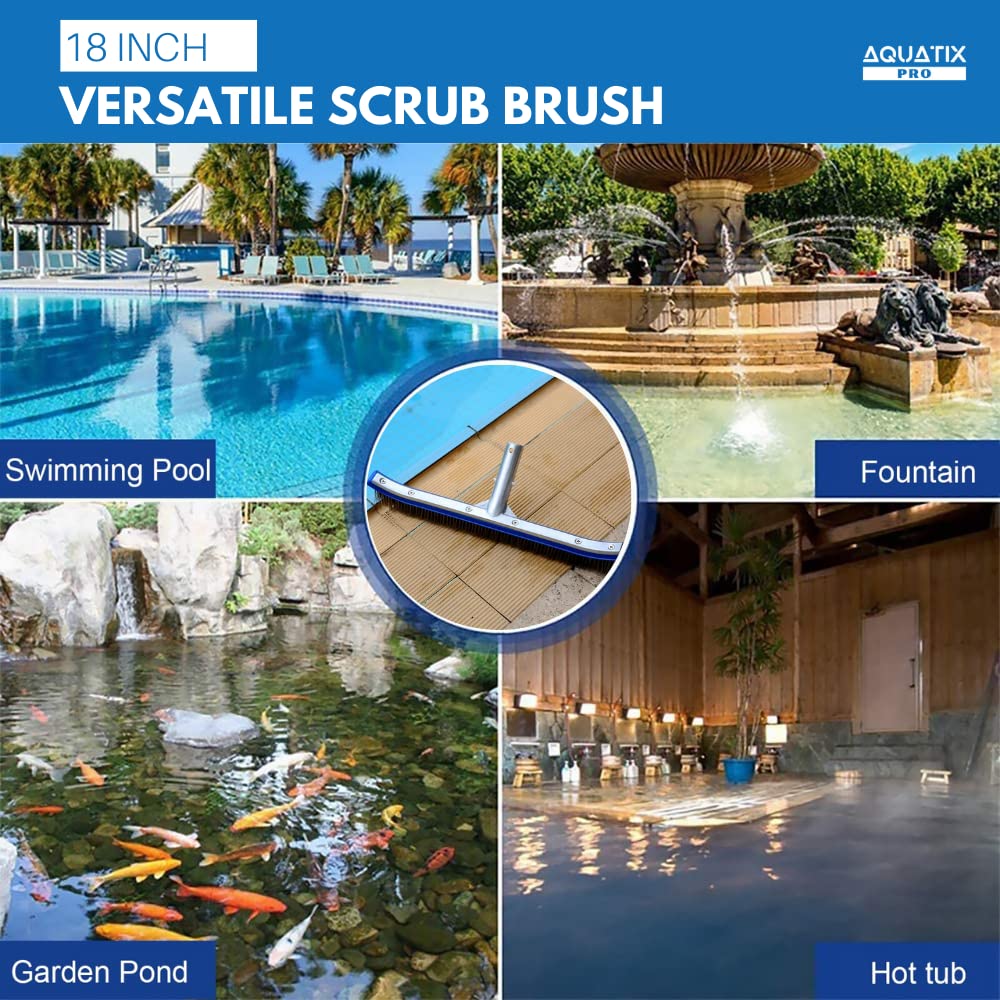 Aquatix Pro Pool Brush Head, 18" Heavy Duty for Cleaning Walls & Floors, Stainless Steel Bristles, Reinforced Aluminum Back, Curved Ends for Corners, EZ Clip, Swimming Pool Brushes for Tiles & Steps - Image 3