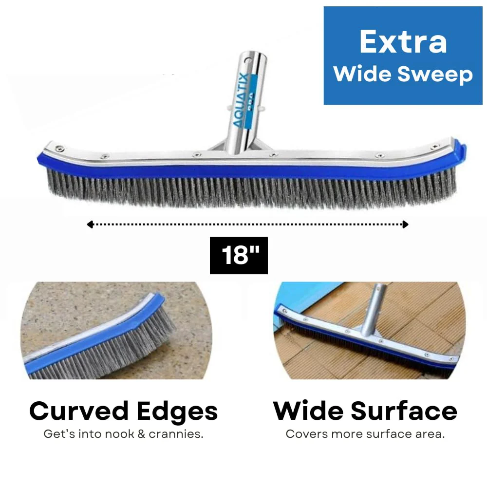 Aquatix Pro Pool Brush Head, 18" Heavy Duty for Cleaning Walls & Floors, Stainless Steel Bristles, Reinforced Aluminum Back, Curved Ends for Corners, EZ Clip, Swimming Pool Brushes for Tiles & Steps - Image 5