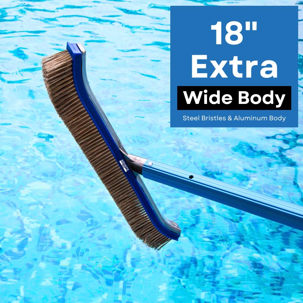Aquatix Pro Pool Brush Head, 18" Heavy Duty for Cleaning Walls & Floors, Stainless Steel Bristles, Reinforced Aluminum Back, Curved Ends for Corners, EZ Clip, Swimming Pool Brushes for Tiles & Steps - Image 7