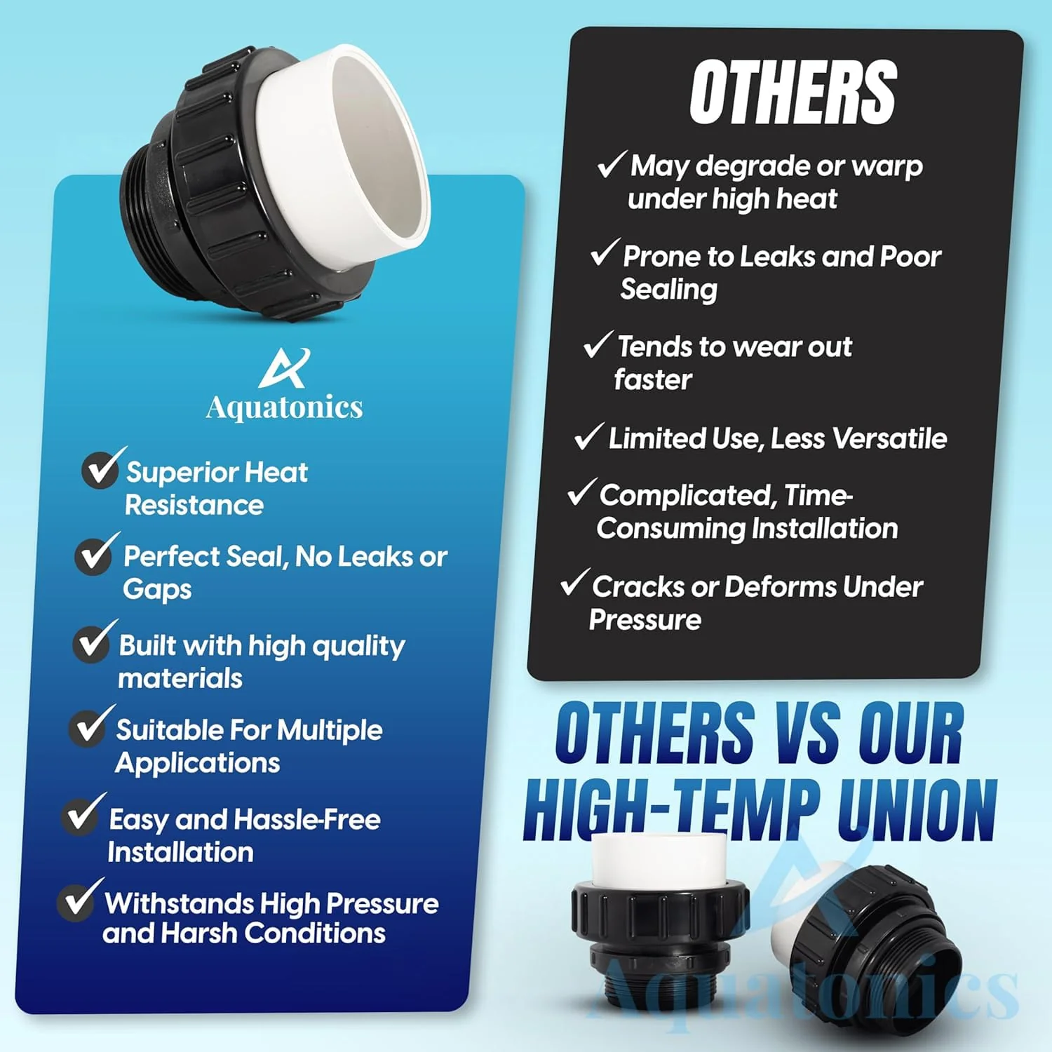 Aquatonics High-Temp Joints – 2-Pack 1-Set Hi Temp Union Compatible with Whisperflo, Intelliflo – 2" Threaded Connectors for PVC Pipes – 2-inch PVC Union Replacement for Pool Pumps - Image 2