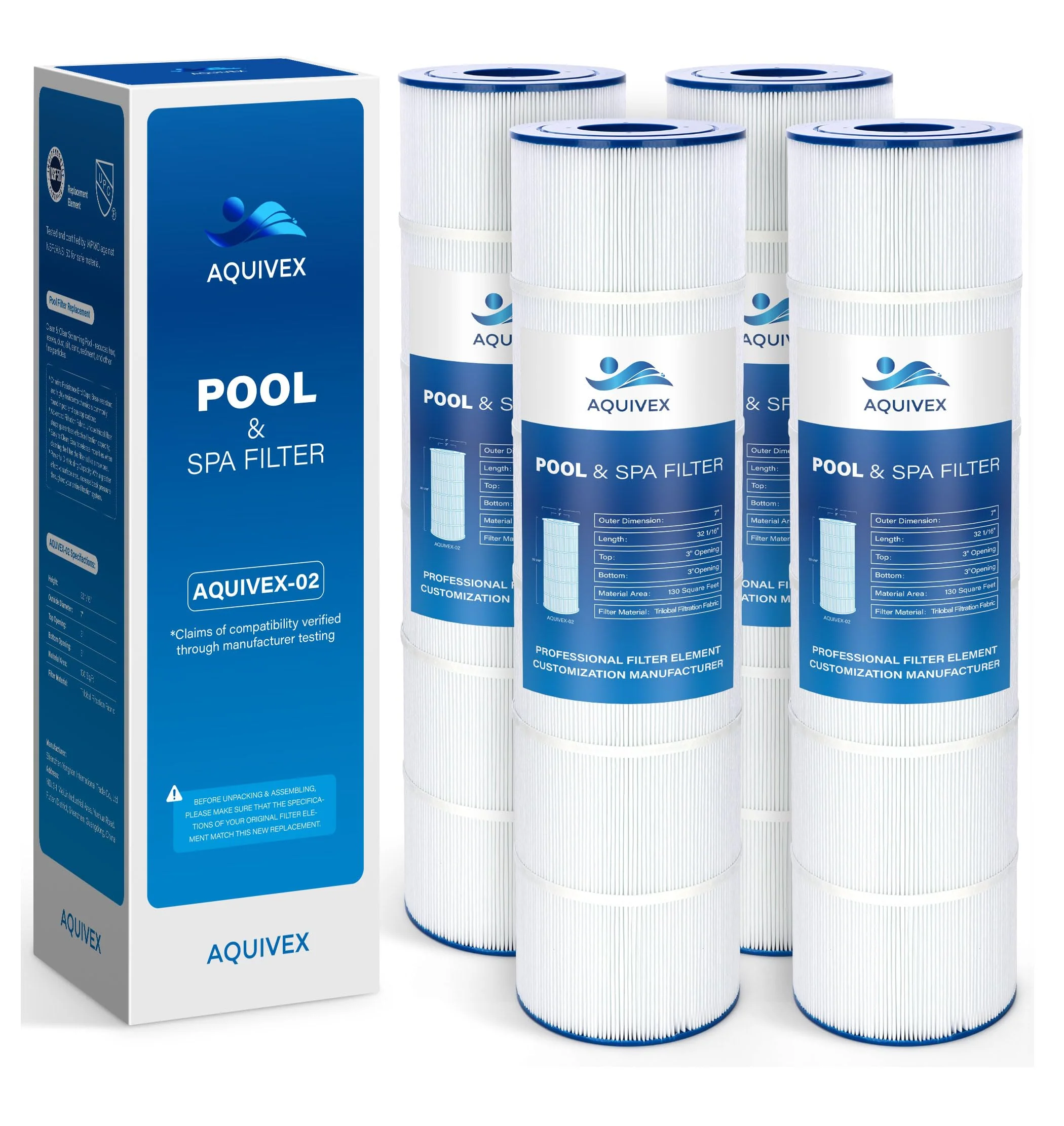AQUIVEX CCP520 Pool Filter Cartridges 4 Pack, Compatible with Pentair Clean & Clear Plus 520, 160332, R173578, 178585, Pleatco PCC130, PCC130-PAK4, Filbur FC-1978, Unicel C-7472, Waterway 817-0131 - Image 2