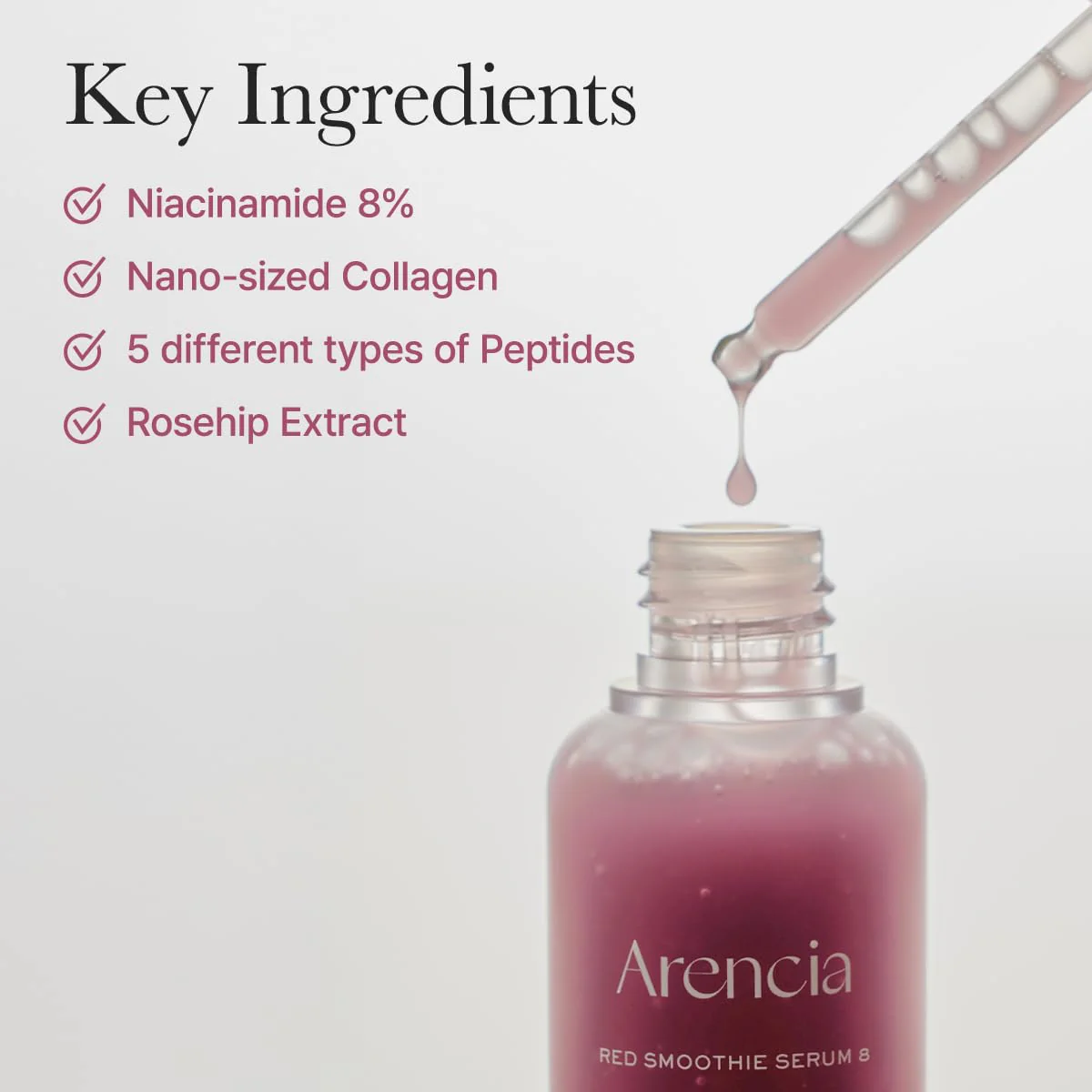 Arencia Red Collagen + Peptide Smoothie Serum, 8% Niacinamide, Vitamin C, Vitamin E, lifting anti-aging serum for skin texture for glass skin - Image 5