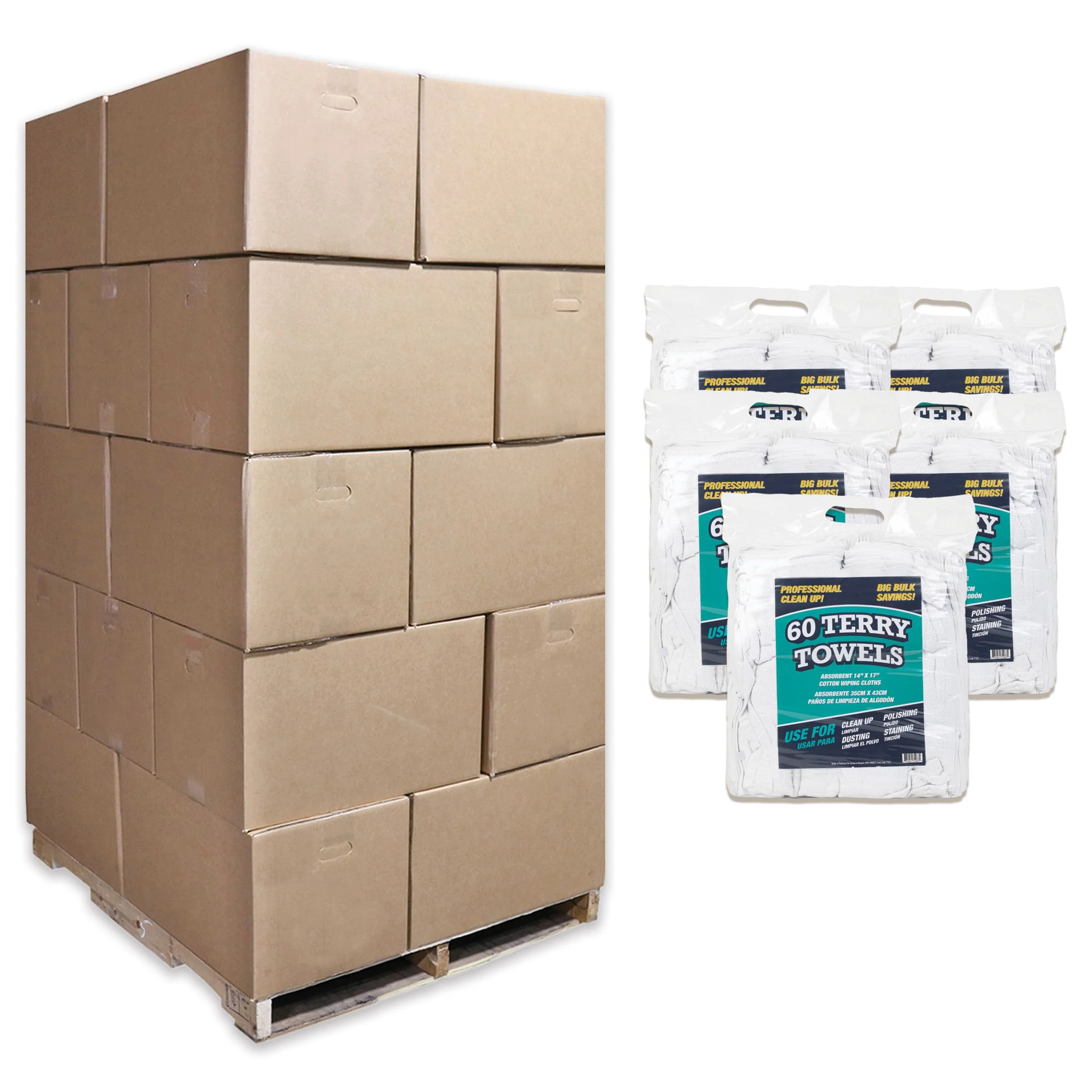 Arkwright TT60 Terry Cloth Rags Bulk, Pallet of 7500, 100% Cotton Cleaning Towels for Kitchen, Auto Shop and Bar Use, Absorbent Machine Washable, 14 x 17 in, White
