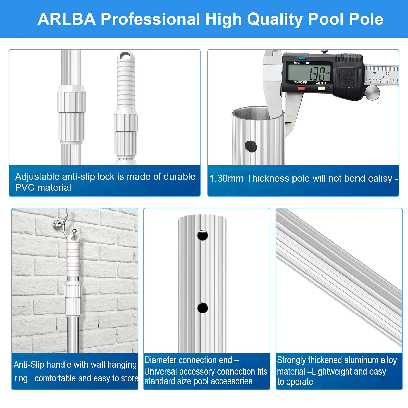 ARLBA Upgraded Professional 16.5 Feet Swimming Pool Pole Telescopic Aluminum Thicken 1.30mm Adjustable Fits Skimmer Net Rake Vacuum Head Brush Pool Cleaning Equipment Heavy Duty -Universal Fit 1-1/4 - Image 7