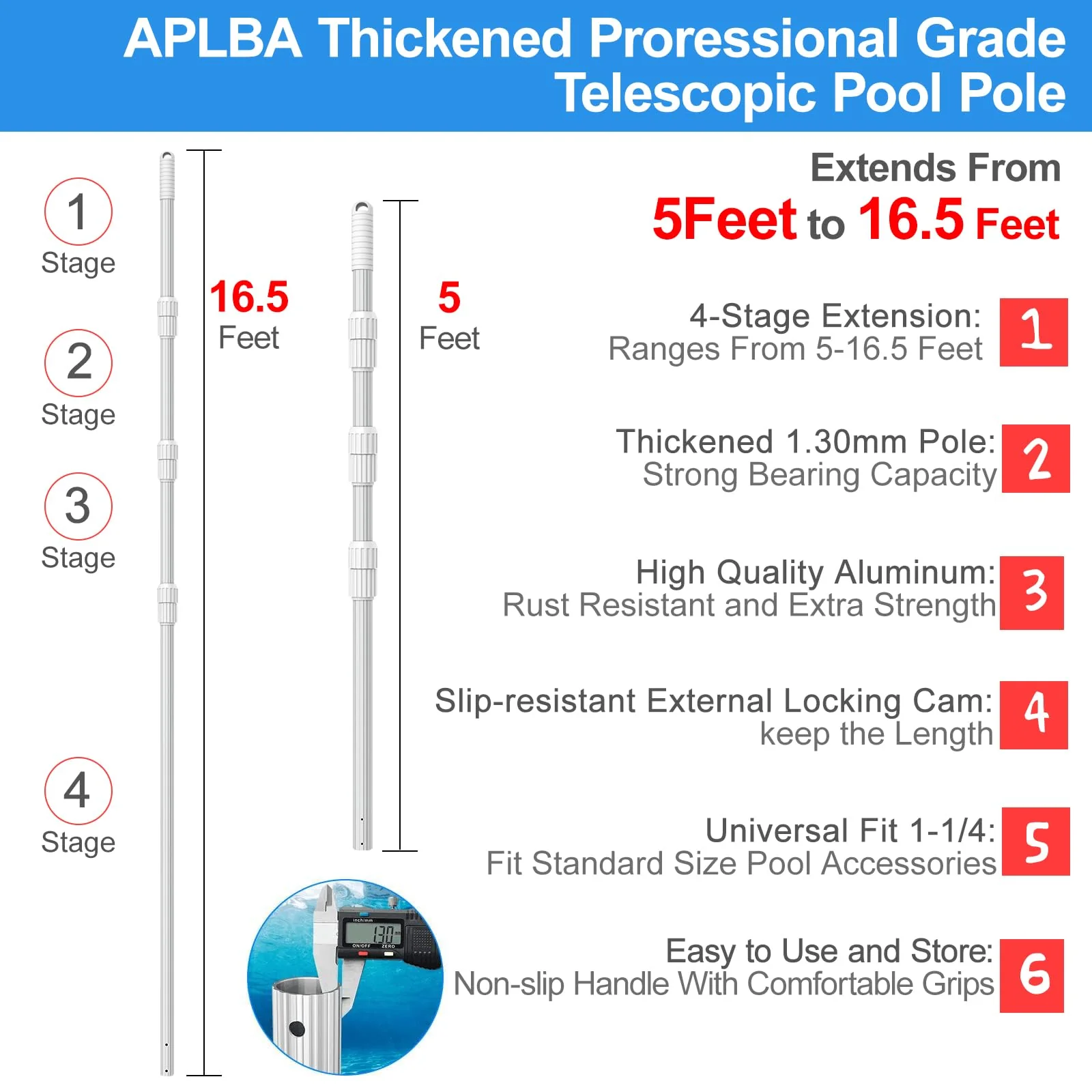 ARLBA Upgraded Professional 16.5 Feet Swimming Pool Pole Telescopic Aluminum Thicken 1.30mm Adjustable Fits Skimmer Net Rake Vacuum Head Brush Pool Cleaning Equipment Heavy Duty -Universal Fit 1-1/4 - Image 8