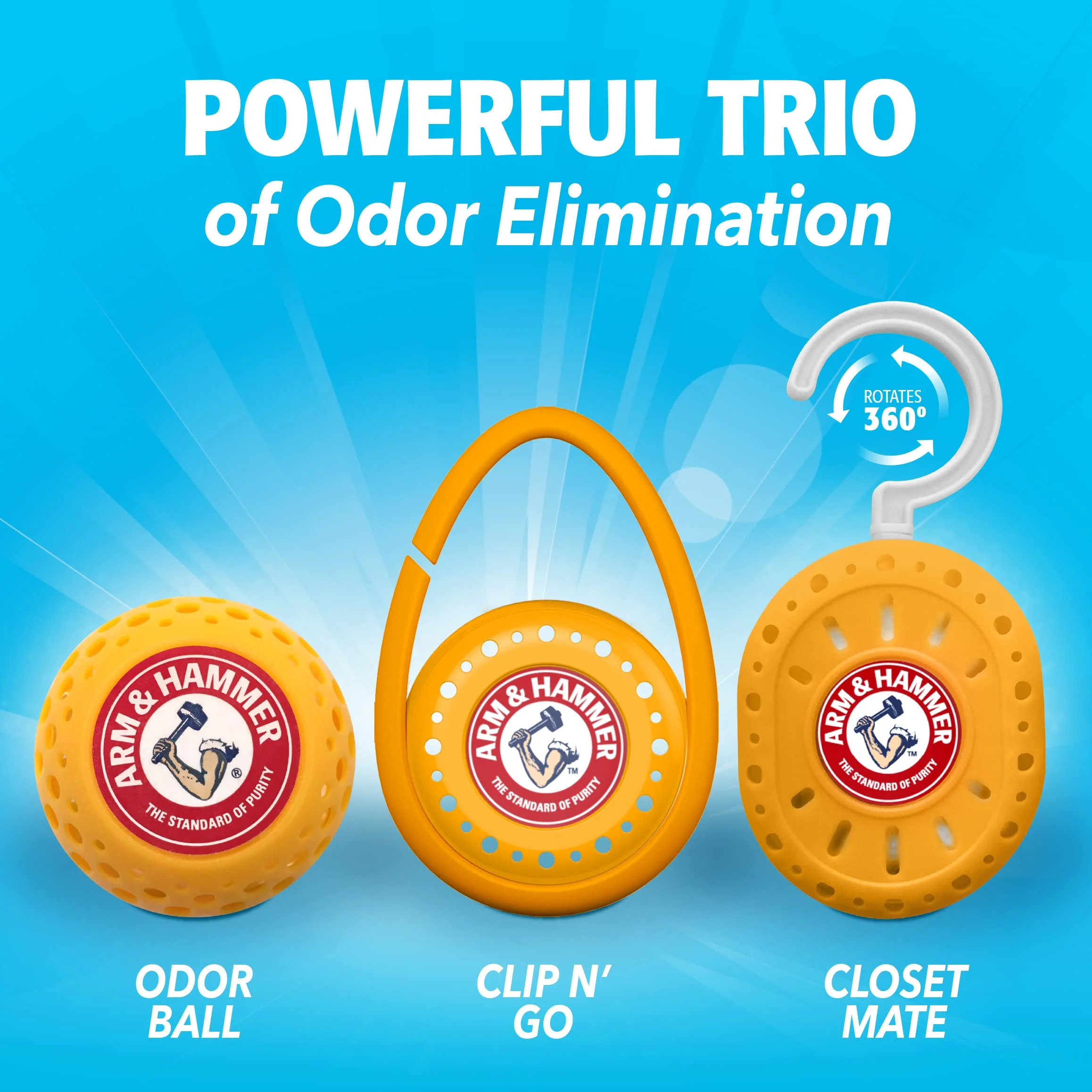 Arm and Hammer Odor Busterz Deodorizer Balls Mixed Pack: 4 odor eliminating balls, 2 with handy clips, 2 with hangers, 8 total for closets, bathrooms, work & sports gear, laundry hamper (8 Count) - Image 5
