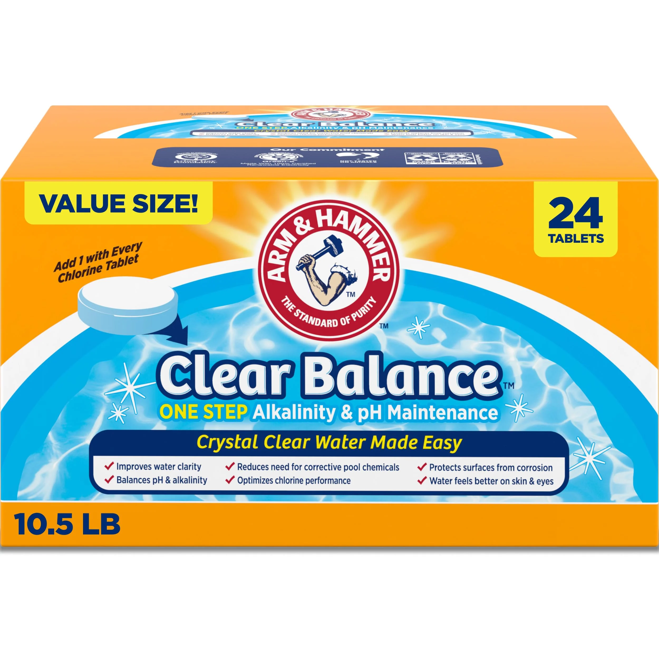 ARM & Hammer Clear Balance Swimming Pool Alkalinity pH Maintenance Tablets, White, 1 Pack, 24 Count