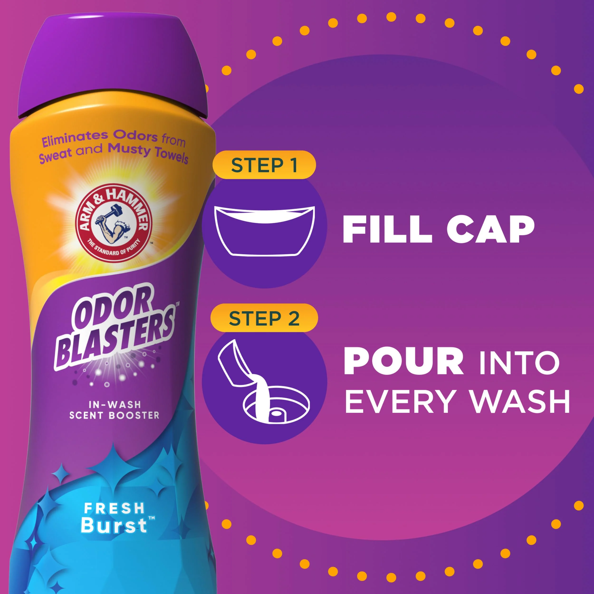 ARM & HAMMER Odor Blasters In-Wash Laundry Scent Booster, Eliminates Tough Odors, Fresh Burst Scent, 24 oz Bottle (Pack of 4) - Image 5