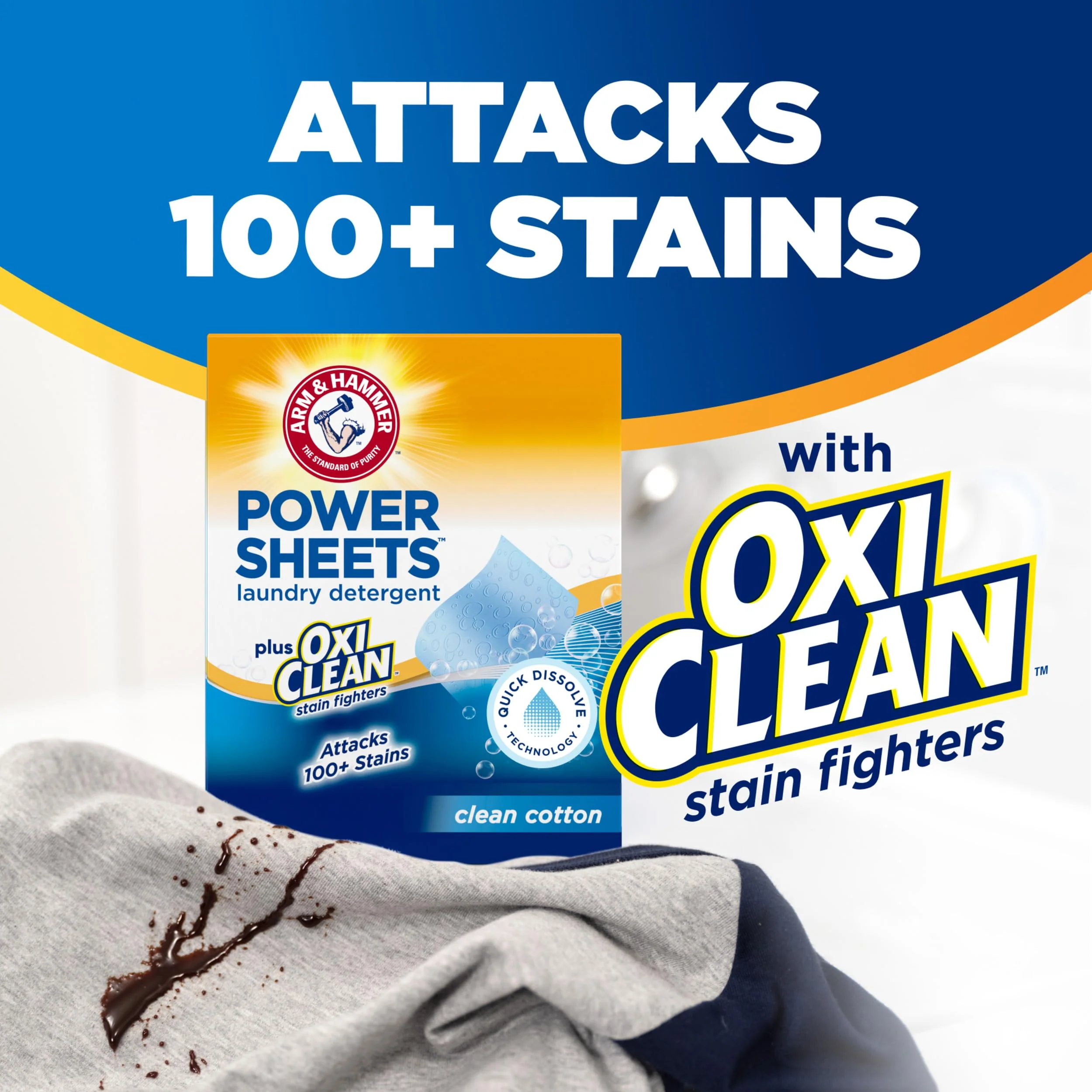 ARM & HAMMER Power Sheets Laundry Detergent Plus OxiClean Stain Fighters, Clean Cotton Scent, 52 Count, 104 Medium Loads - Image 4