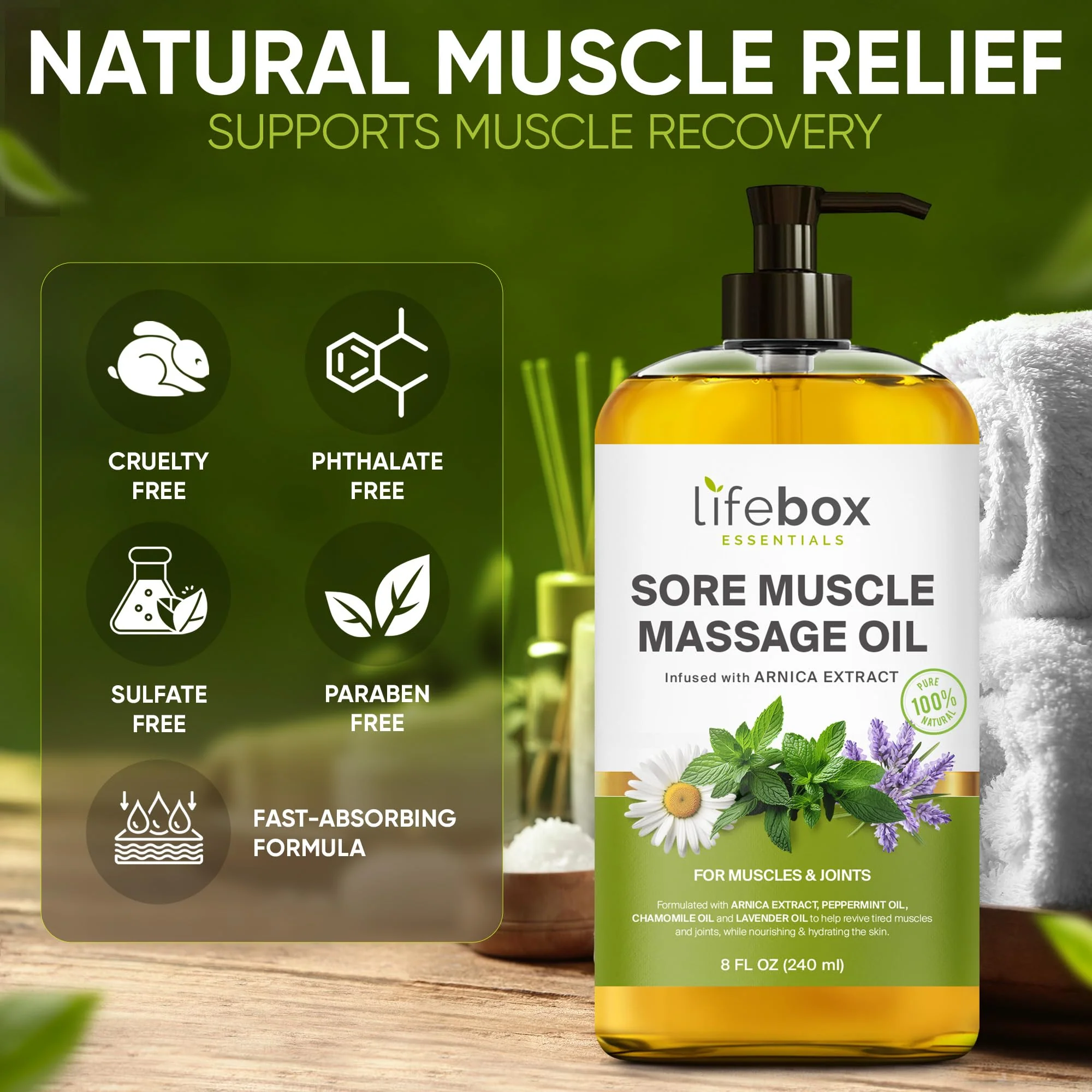 Arnica Sore Muscle Massage Oil – 100% Pure & Natural - Massage Therapy for Muscles & Joints – Body Oil Infused with Arnica Extract, Lavender, Peppermint & Chamomile Oils – 8 FL OZ - Image 4