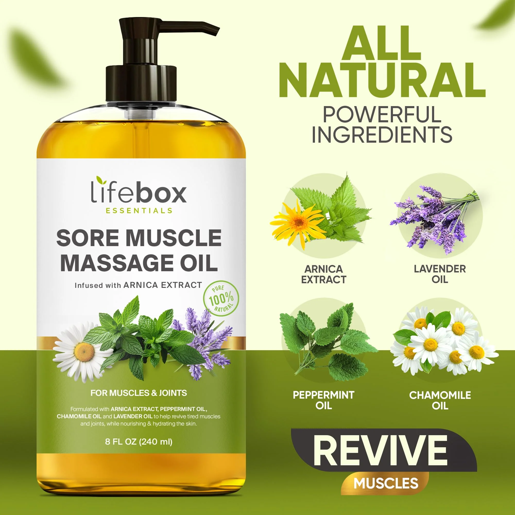 Arnica Sore Muscle Massage Oil – 100% Pure & Natural - Massage Therapy for Muscles & Joints – Body Oil Infused with Arnica Extract, Lavender, Peppermint & Chamomile Oils – 8 FL OZ - Image 6