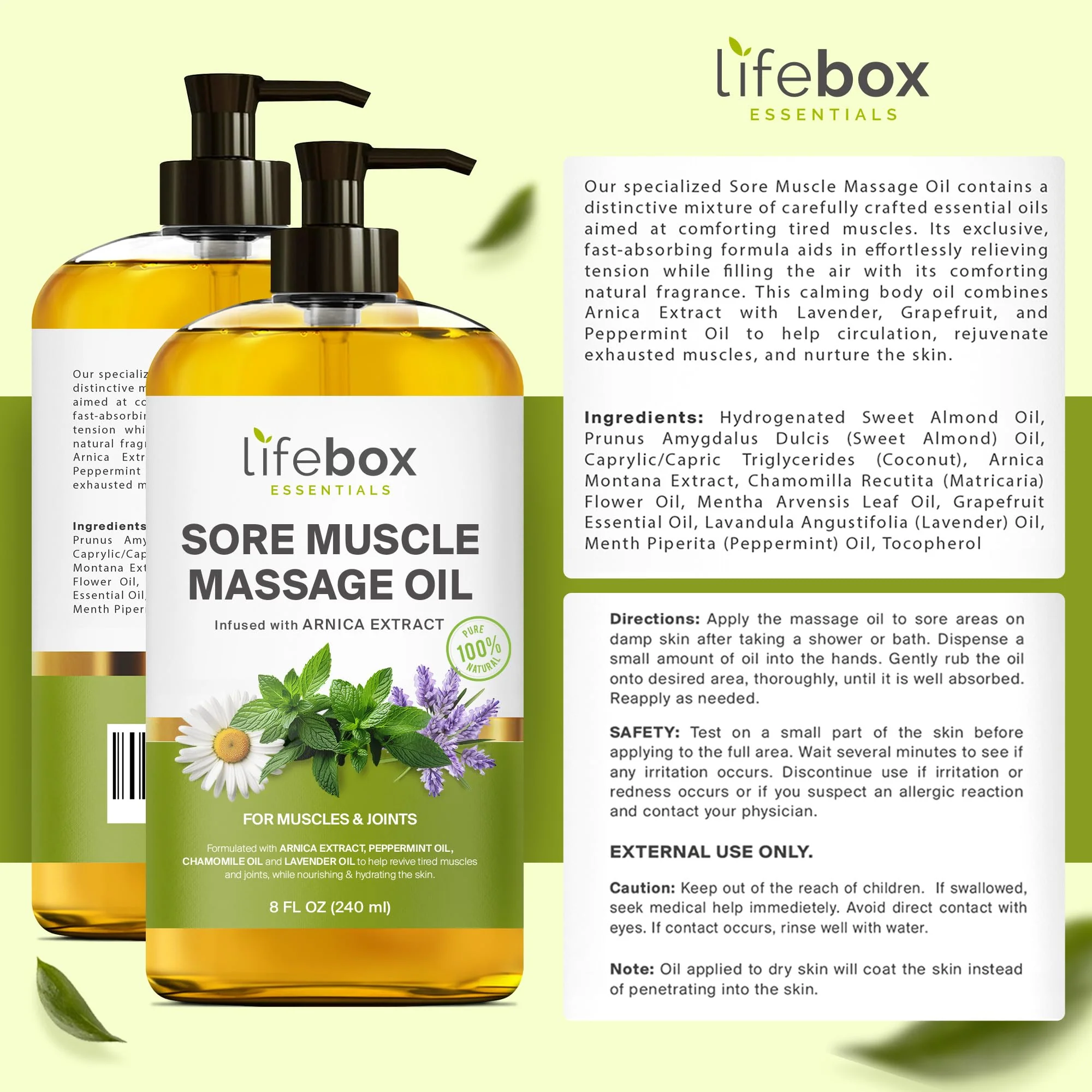 Arnica Sore Muscle Massage Oil – 100% Pure & Natural - Massage Therapy for Muscles & Joints – Body Oil Infused with Arnica Extract, Lavender, Peppermint & Chamomile Oils – 8 FL OZ - Image 7