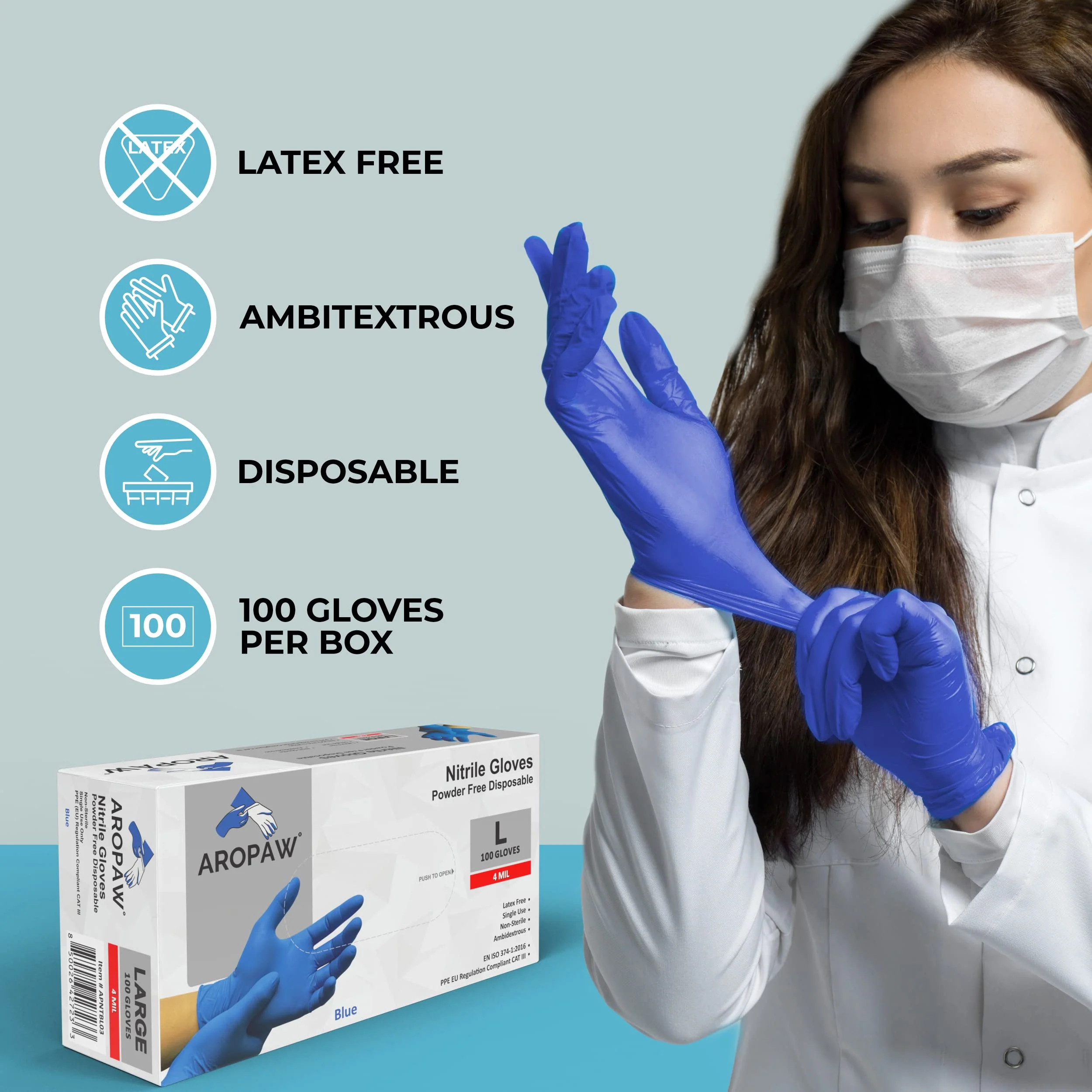 AroCare Nitrile Gloves, Disposable Gloves, Comfortable, Powder Free, Latex Free | 100-1000 (Large, Case) - Image 3