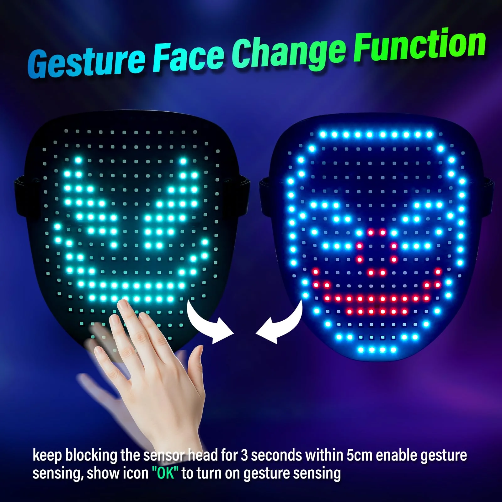arscniek LED Face Mask with Gesture Control – Rechargeable Light Up Halloween Masks Costume for Adults & Kids, Glowing Transformable Cosplay Mask for Parties, Christmas, Concerts - Image 7