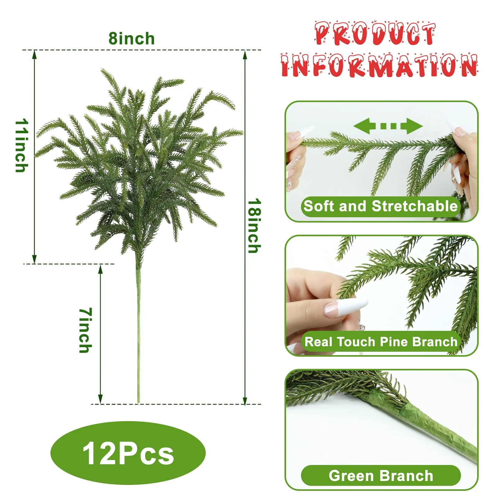 Artgar 12 Pcs Pine Branches - 18 Inch Artificial Green Pine Stem - Real Touch Christmas Greenery Pines Branches for DIY Flower Arrangement Home Indoor Christmas Decor - Image 7