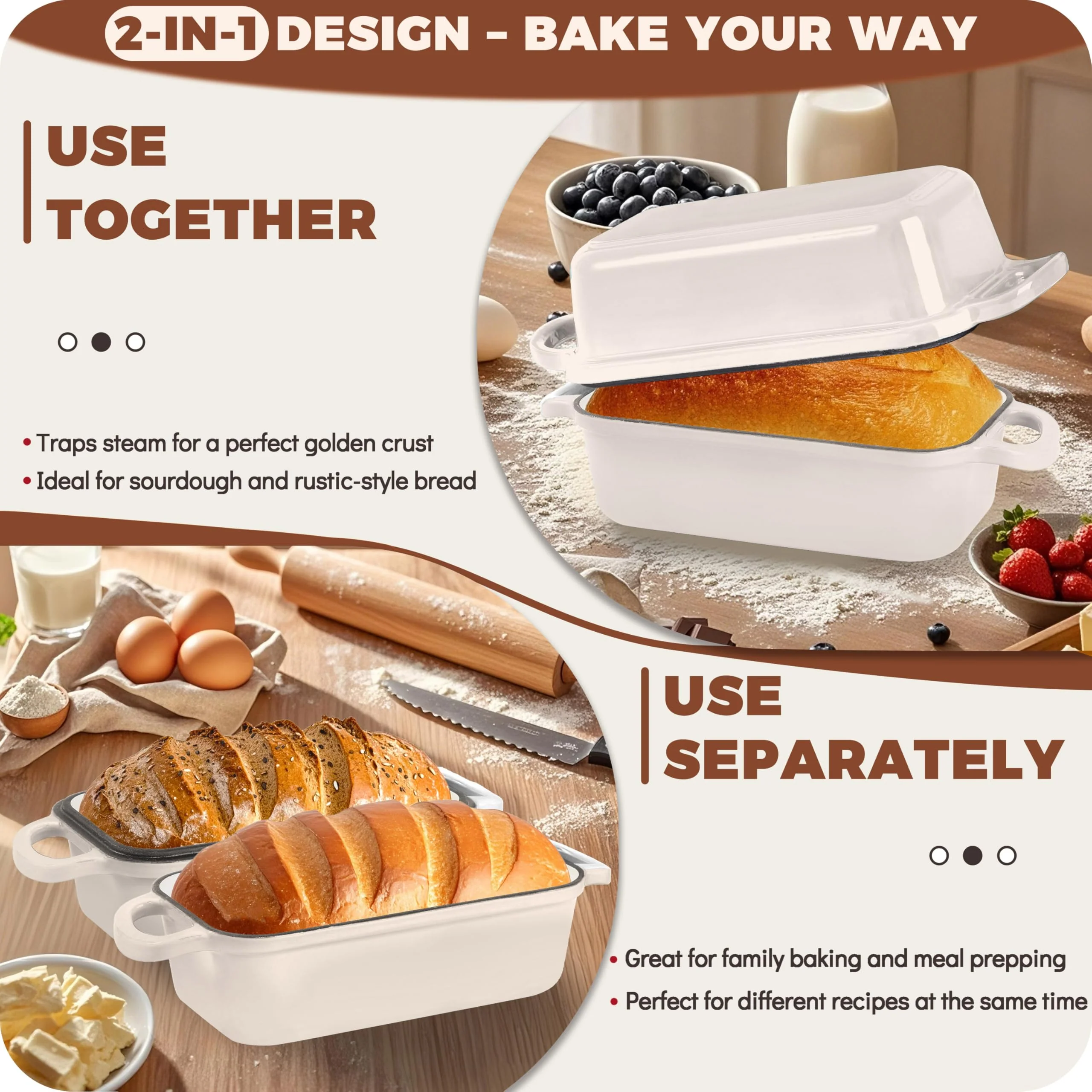 Articasting Cast Iron Bread Loaf Pan with Lid, Loaf Pans for Baking Bread 9x5, Enameled Bread Pans for Homemade Bread, Sourdough, Set of 2 (Cream White) - Image 3