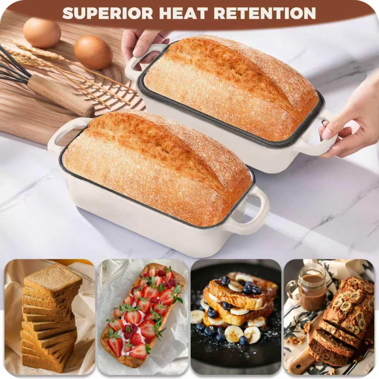 Articasting Cast Iron Bread Loaf Pan with Lid, Loaf Pans for Baking Bread 9x5, Enameled Bread Pans for Homemade Bread, Sourdough, Set of 2 (Cream White) - Image 4