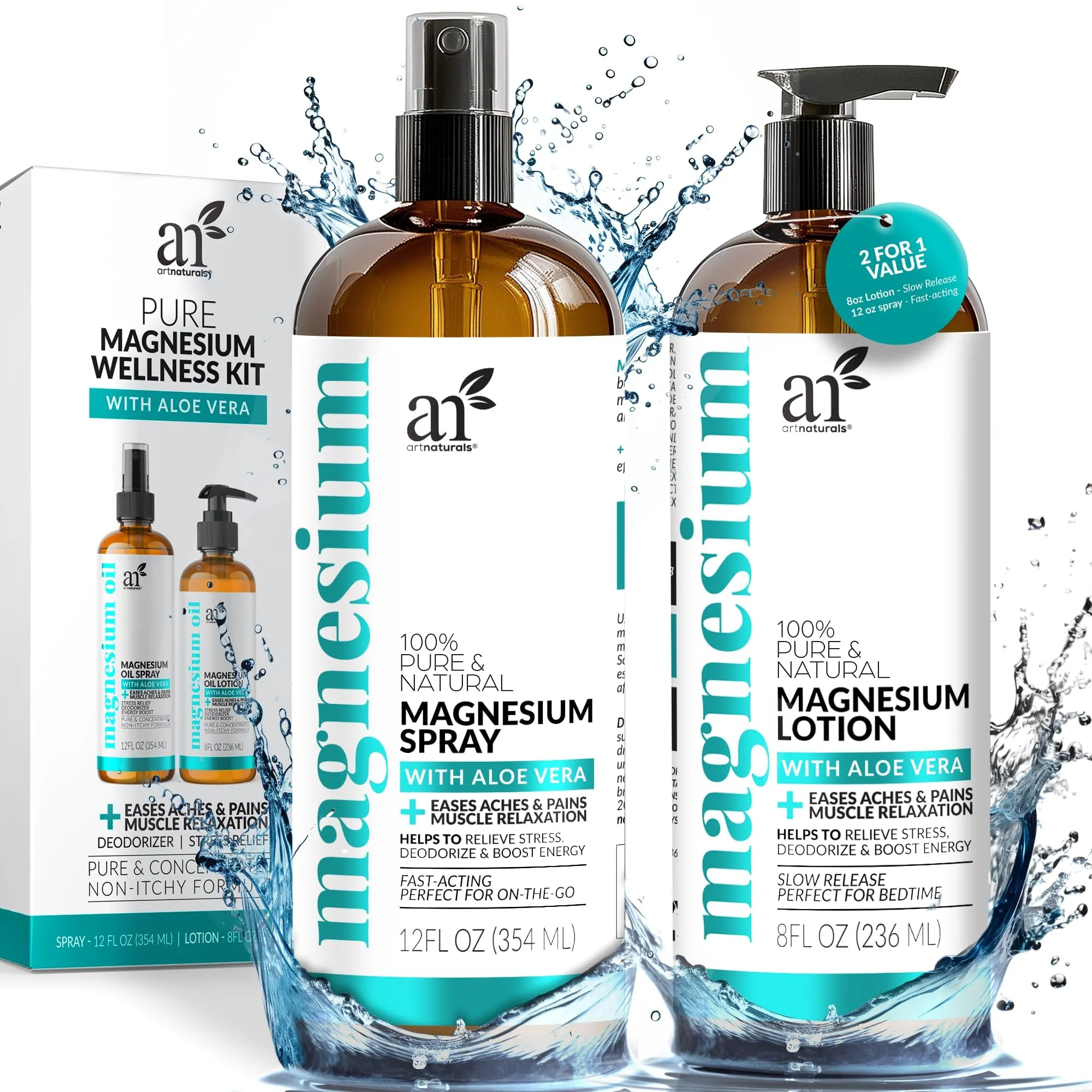 ArtNaturals Magnesium Oil Spray 12 oz + Body Massage Lotion Set 8oz for Feet & Sleep - Extra Strength Cream Ultra-Pure, Relief & Relaxation, Muscle Health Leg & Joint Care Topical Non Itch - Image 2