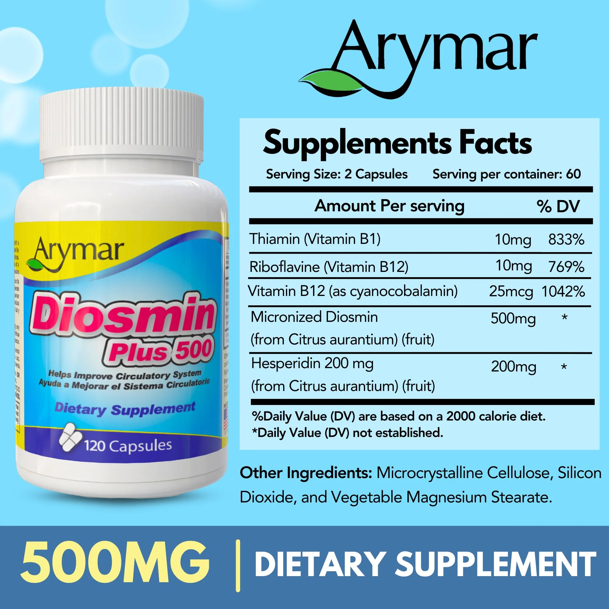 Arymar Diosmin Plus 500 - Circulatory System Support Supplement, 500mg, 120 Capsules - Image 5