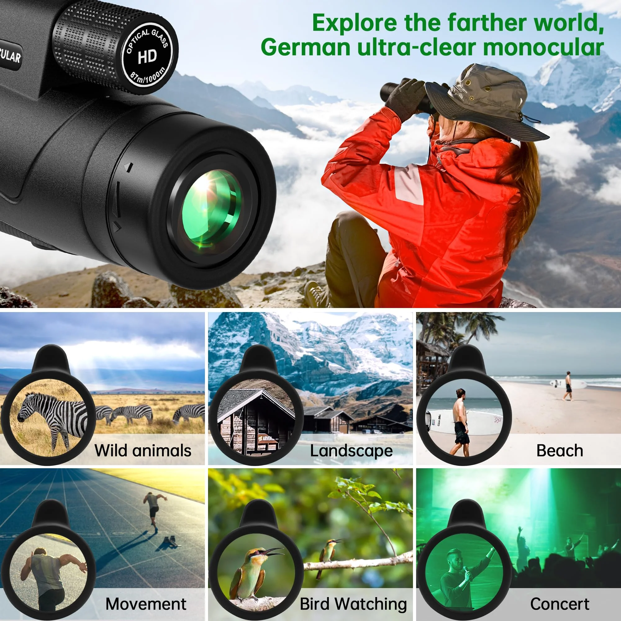Asacam® 2025 Update - 80x100 Monocular Telescope High Powered for Smartphone HD Monoculars for Adults with Adapter/Tripod for Bird Watching Hiking Hunting Camping Traveling Outdoor Wildlife - Image 4