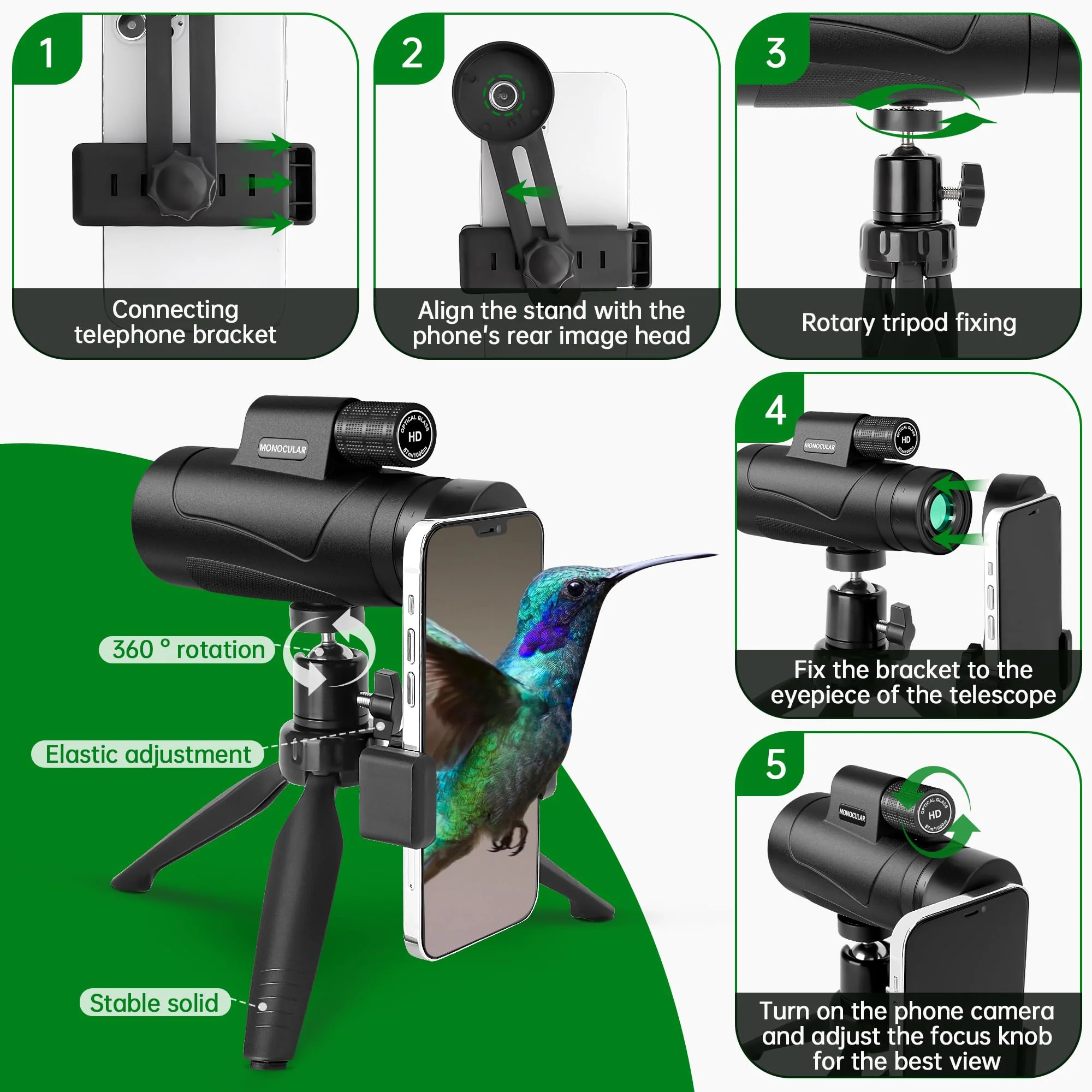 Asacam® 2025 Update - 80x100 Monocular Telescope High Powered for Smartphone HD Monoculars for Adults with Adapter/Tripod for Bird Watching Hiking Hunting Camping Traveling Outdoor Wildlife - Image 6