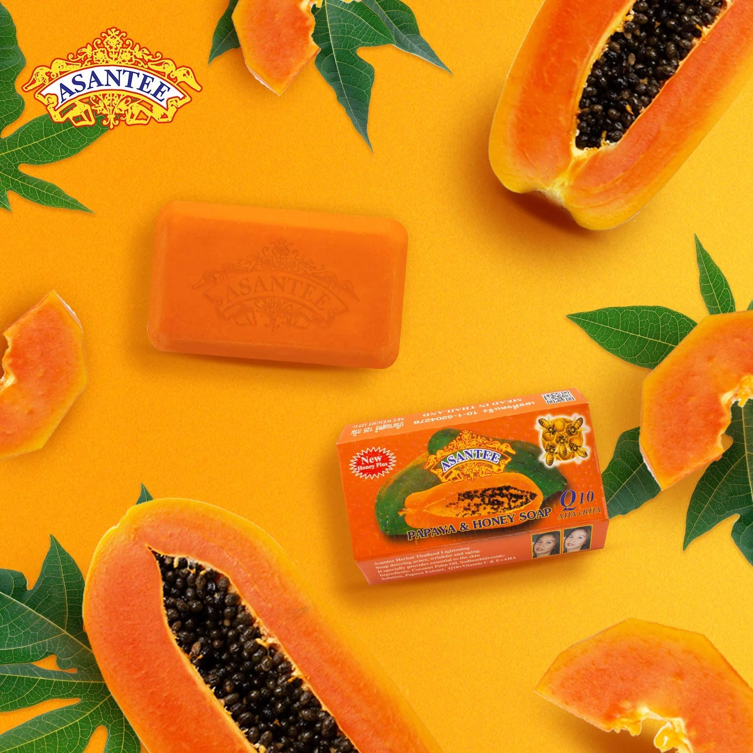 ASANTEE PAPAYA & HONEY Soap Bars with Vitamin C,E and Q10 Skin Cleansing 4.40 Oz (Pack of 3) - Image 4