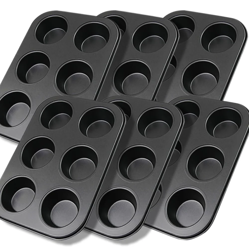 ASBAYSON 6 Packs Premium Steel Muffin Pan for Baking, Round Muffin Baking Pan, Baking Tray for Muffins, Cupcakes, Brownie(Black