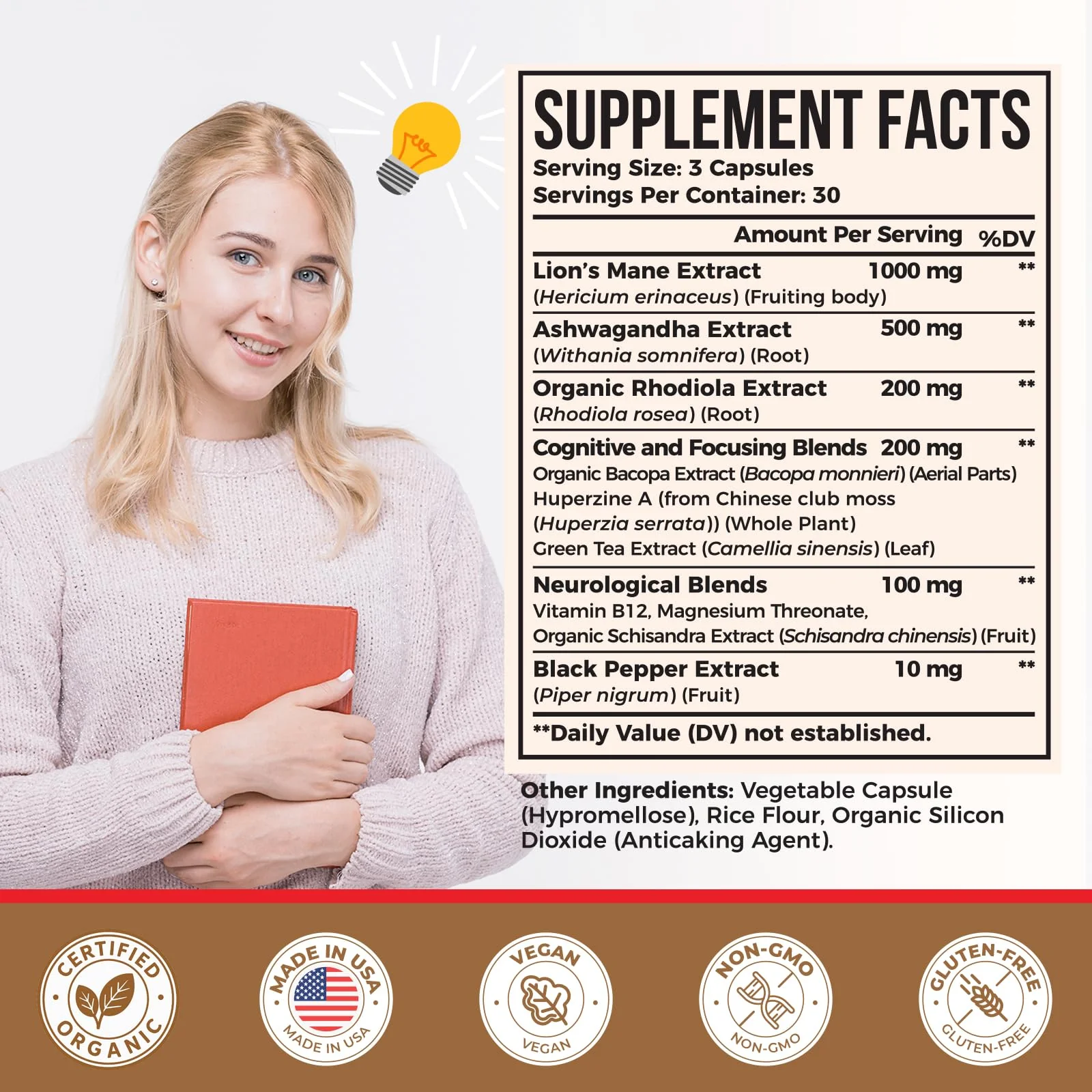 Ashwagandha & Lions Mane Supplements Capsules, Brain Supplements for Memory and Focus, Ashwagandha with Rhodiola Rosea for Cognitive, Immune Support, Cortisol Supplements for Women, 90 Capsules - Image 5