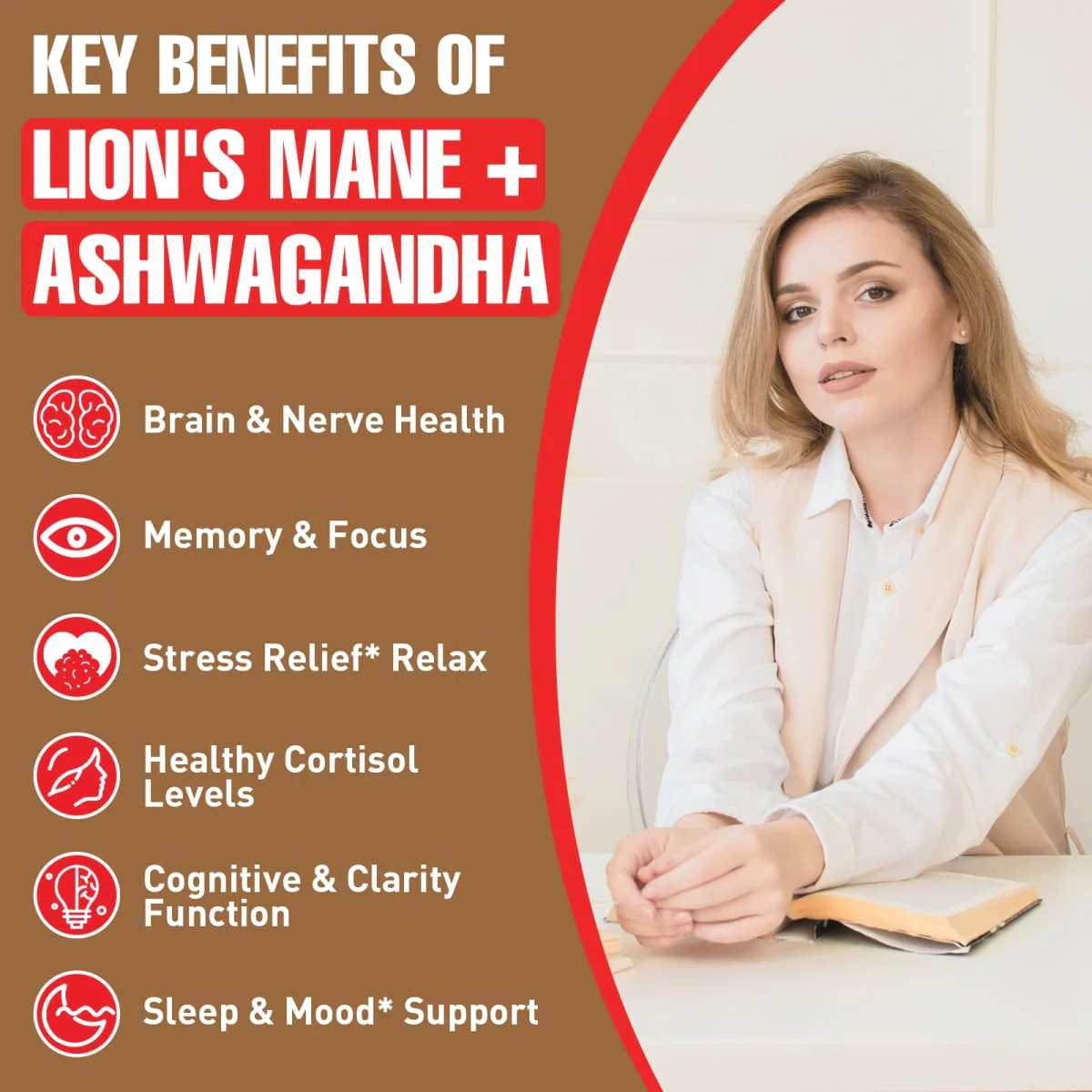 Ashwagandha & Lions Mane Supplements Capsules, Brain Supplements for Memory and Focus, Ashwagandha with Rhodiola Rosea for Cognitive, Immune Support, Cortisol Supplements for Women, 90 Capsules - Image 9
