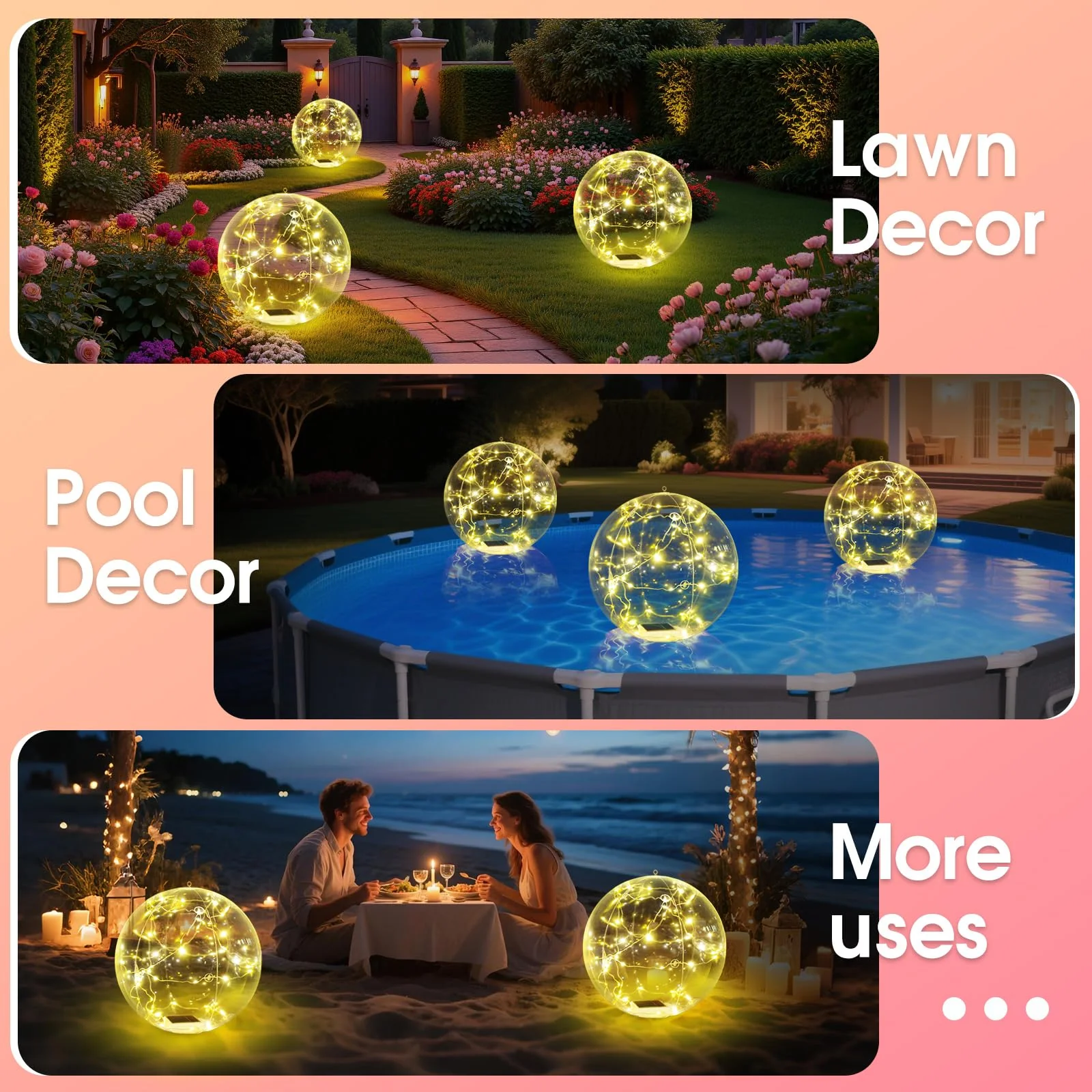 Askyli Solar Floating Pool Lights, 15 inch Waterproof Solar Pool Light that Float, Warm White LED Light up Pool Balls, Auto ON/Off Pool Solar Lights for Pools Party Wedding Decor (4Piece) - Image 2