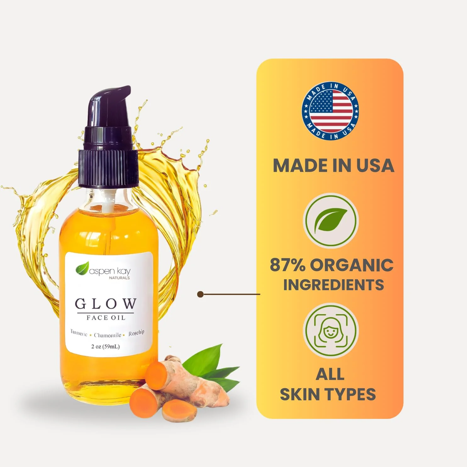 Aspen Kay Naturals Glow - Turmeric & Rosehip Face Oil, Natural & Organic Face Moisturizer with Turmeric, Camellia, Sea Buckthorn and Chamomile - Facial Serum - 2 oz - Image 3
