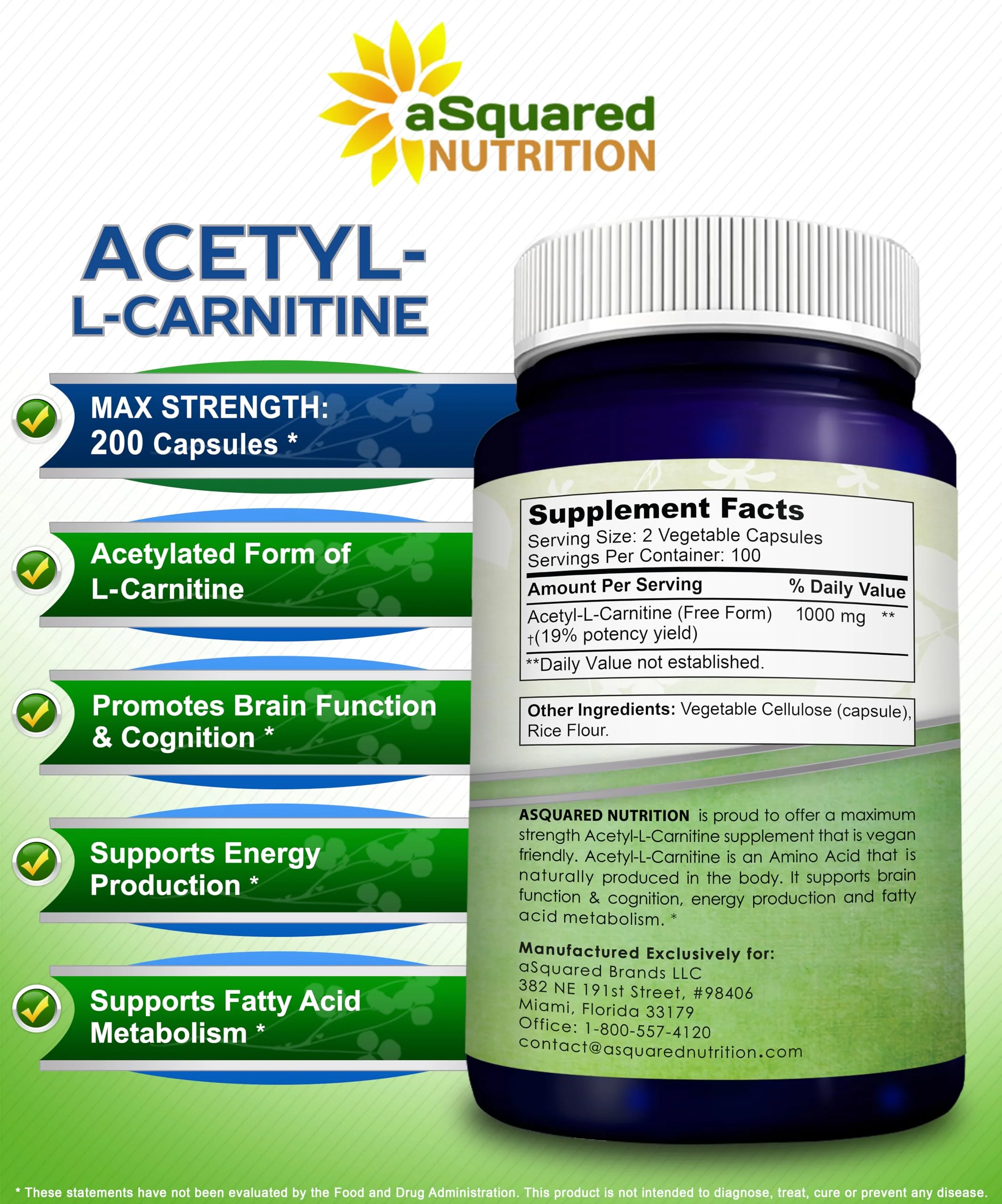 aSquared Nutrition Acetyl L-Carnitine 1000mg Per Serving Max Strength - 200 Veggie Capsules - High Dosage Acetyl L Carnitine HCL (ALCAR) Supplement Pills to Support Pure Energy, Brain Function - Image 5