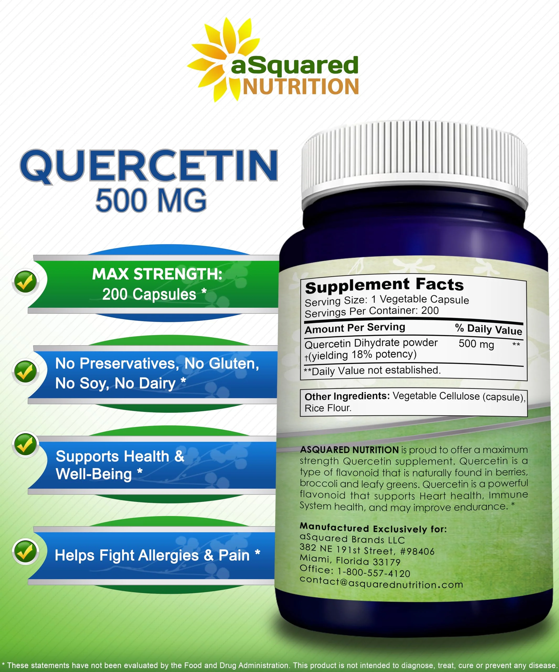aSquared Nutrition Quercetin 500mg Supplement - 200 Capsules - Quercetin Dihydrate to Support Cardiovascular Health - Max Strength Powder Complex Pills to Help Improve Immune Response - Image 6